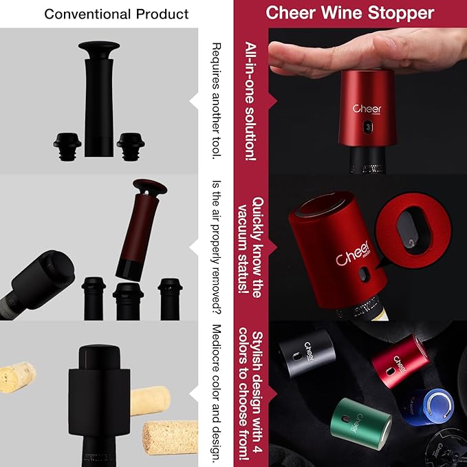 CheerModa Vacuum Wine Stopper with Date Display – 7‑Day Wine Preservation Stopper, Silicone Wine Cap & ABS, French Design, 4 Colors (Green-JS15-FBA)