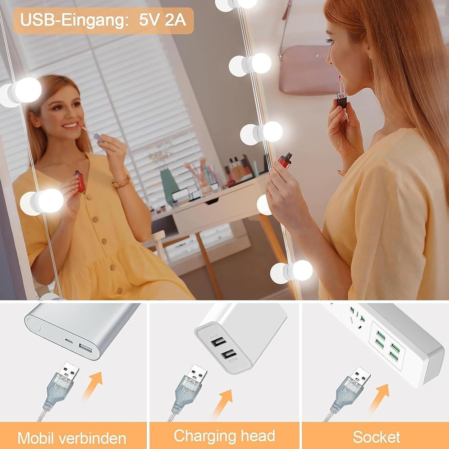 Pretmess Hollywood Style Vanity Lights - 10 Dimmable Bulbs, Adjustable Brightness, Usb Powered, Multicolor, Led, Plastic