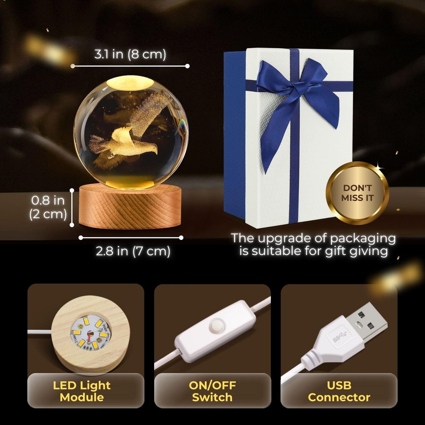 Flexzion 3D Bird Crystal Ball Night Light - Led Light Hologram Glass Lamp W/Solid Wood Base  Usb Powered Crystal Ball Lamp W/Adjustable Brightness For Home Decor Display Gift  3.15 Inch (80Mm)