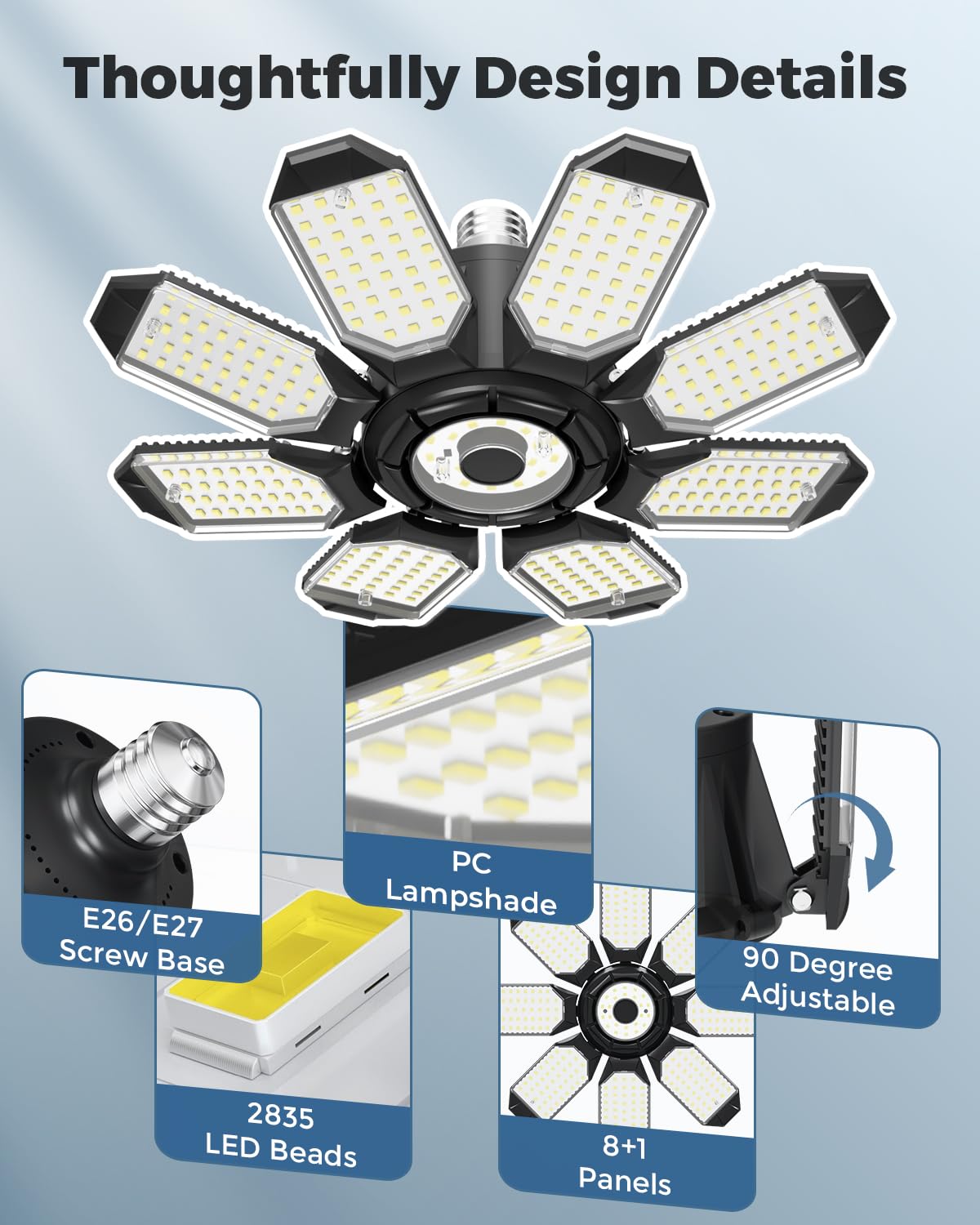 Adiding Led Garage Ceiling Lights 56000Lm 4 Pack W/ 8 Adjustable Panels  Super Bright Deformable Basement Lighting Fixture Screw In E26 Bulb Socket For Indoor Workshop  Attic  Storage  Bay  Home Gym