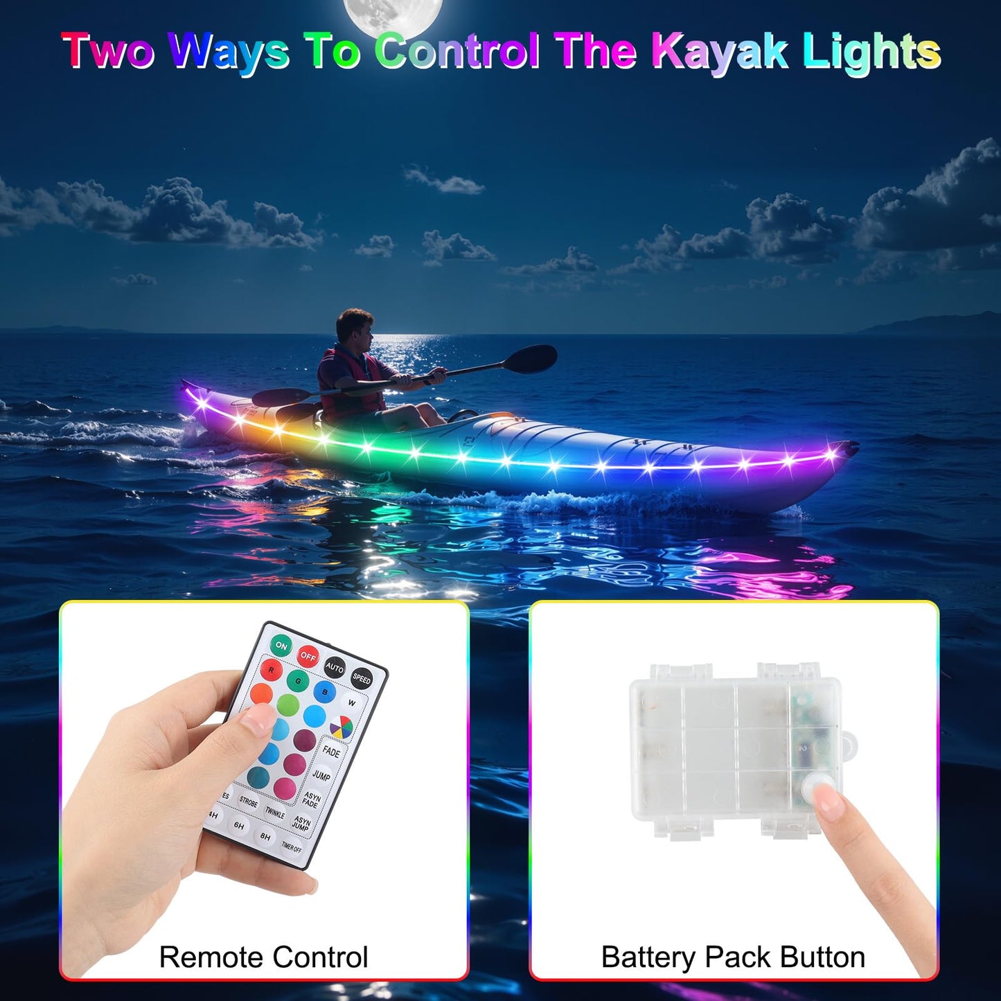 LYCARESUN Kayak Paddle Board Lights, Battery Operated LED with Remote, 16 Colors, 7 Modes, Waterproof, 26ft
