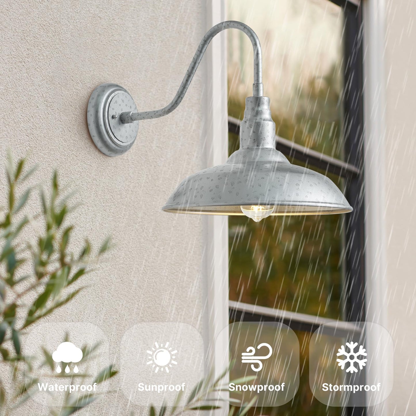 GOALPLUS 14in Gooseneck Barn Light Fixture, Galvanized Metal Wall Sconce, Model LM2202-SV, for Patio and Garage