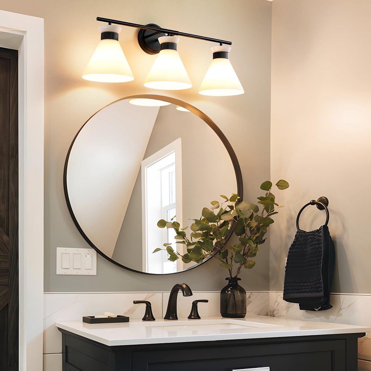 Black Bathroom Vanity Light Fixtures: Vanity Lighting Fixtures over Mirror 23.4 inch with Milky White Frosted Glass, 3-Lights Farmhouse Vintage Vanity Lighting Bathroom Wall Light(Exclude Bulb)