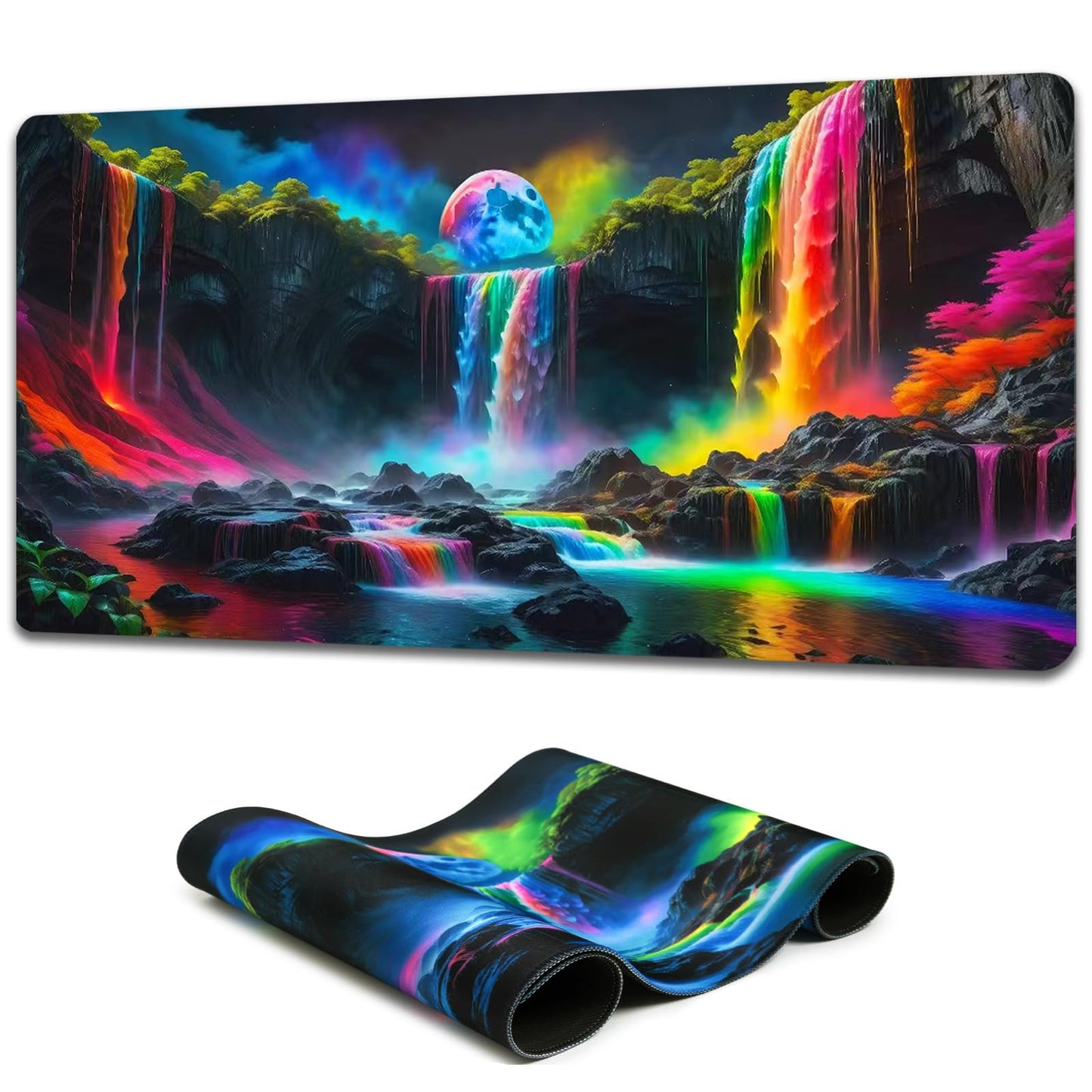 Simpkeely Large Fantasy Waterfall Gaming Mouse Pad - Blacklight Waterproof Glowing Desk Mat, 31.5" x 11.8" Extended Non-Slip Rubber Base for Office & Home