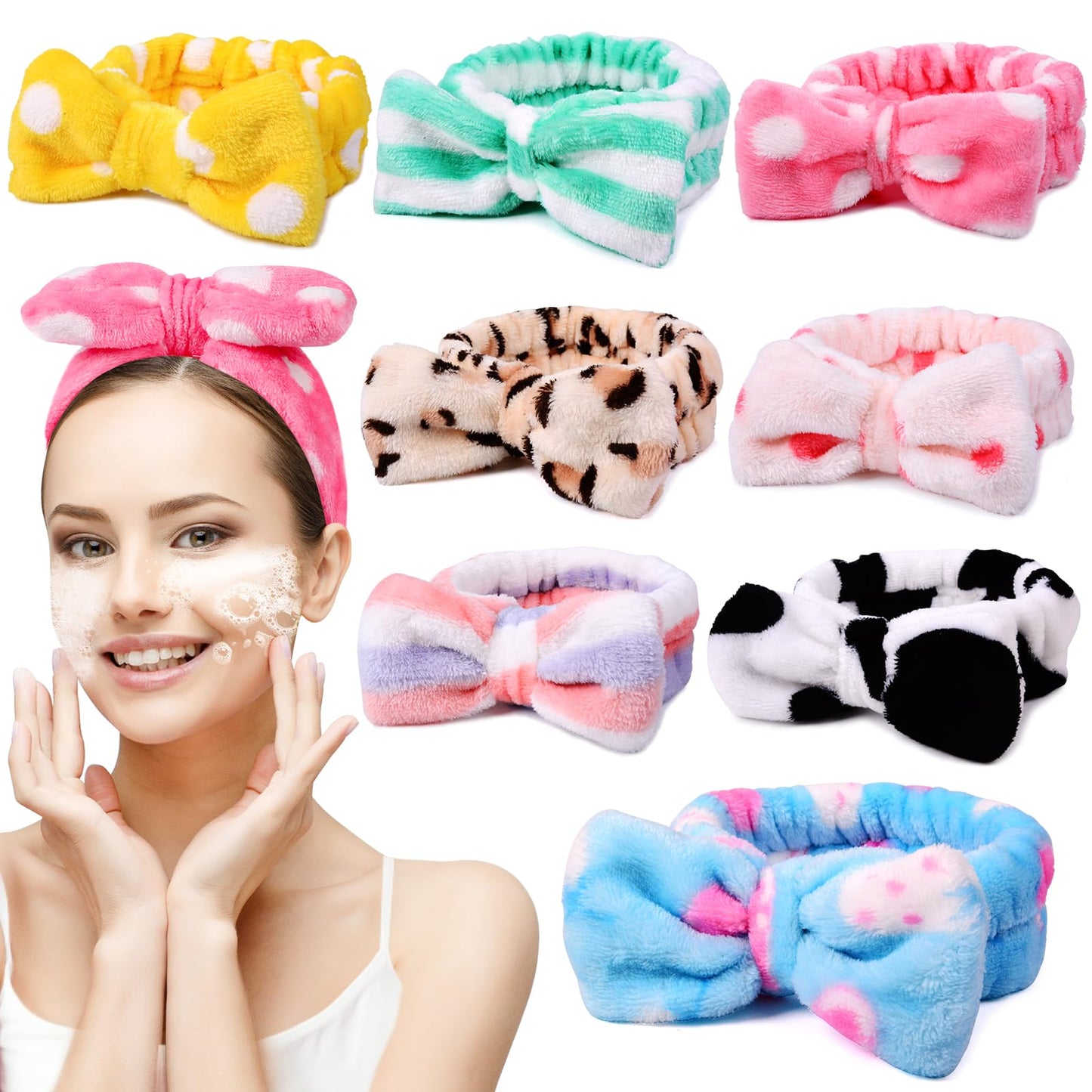 UMIKU 8 Pack Spa Headband for Women Facial Makeup Headband Soft Coral Fleece Christmas Stocking Stuffers Bow Hair Band Head Wrap