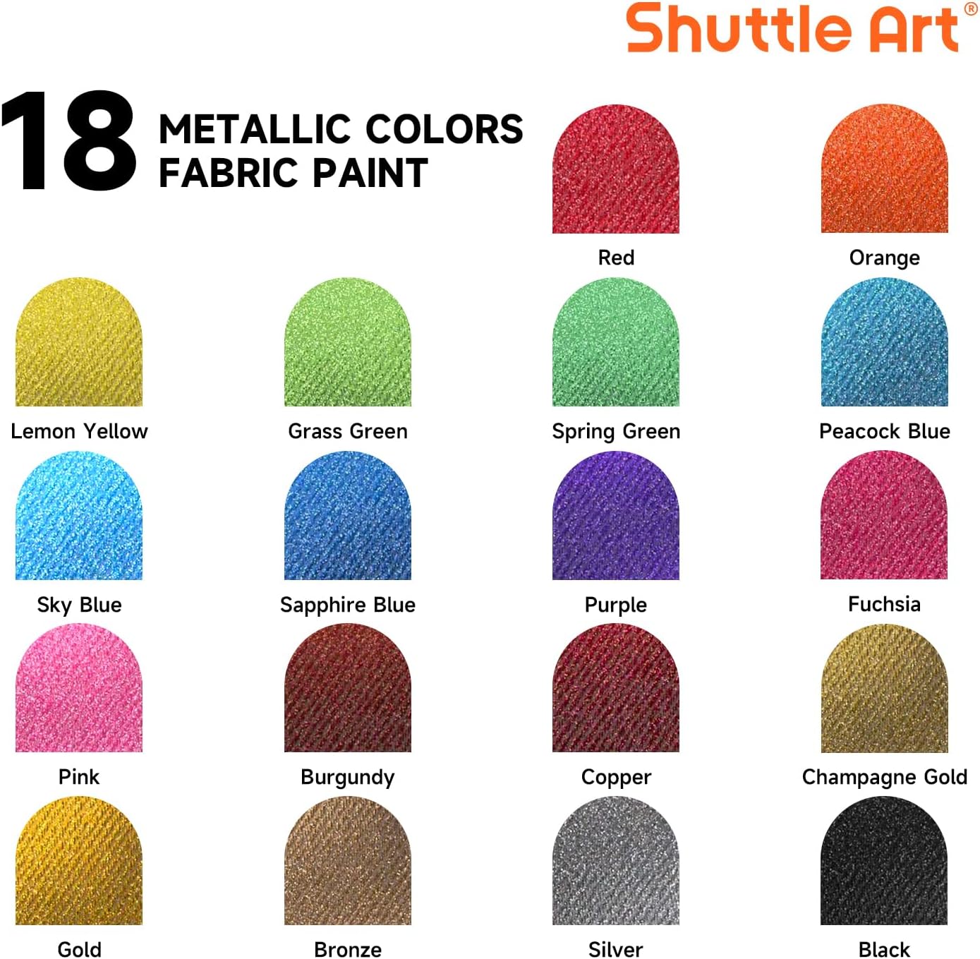 Metallic Fabric Paint, Shuttle Art 18 Metallic Colors Permanent Soft Fabric Paint in Bottles (60ml/2oz) with Brush and Stencils, Non-Toxic Textile Paint for T-shirts, Shoes, Jeans, Bags & DIY Projects