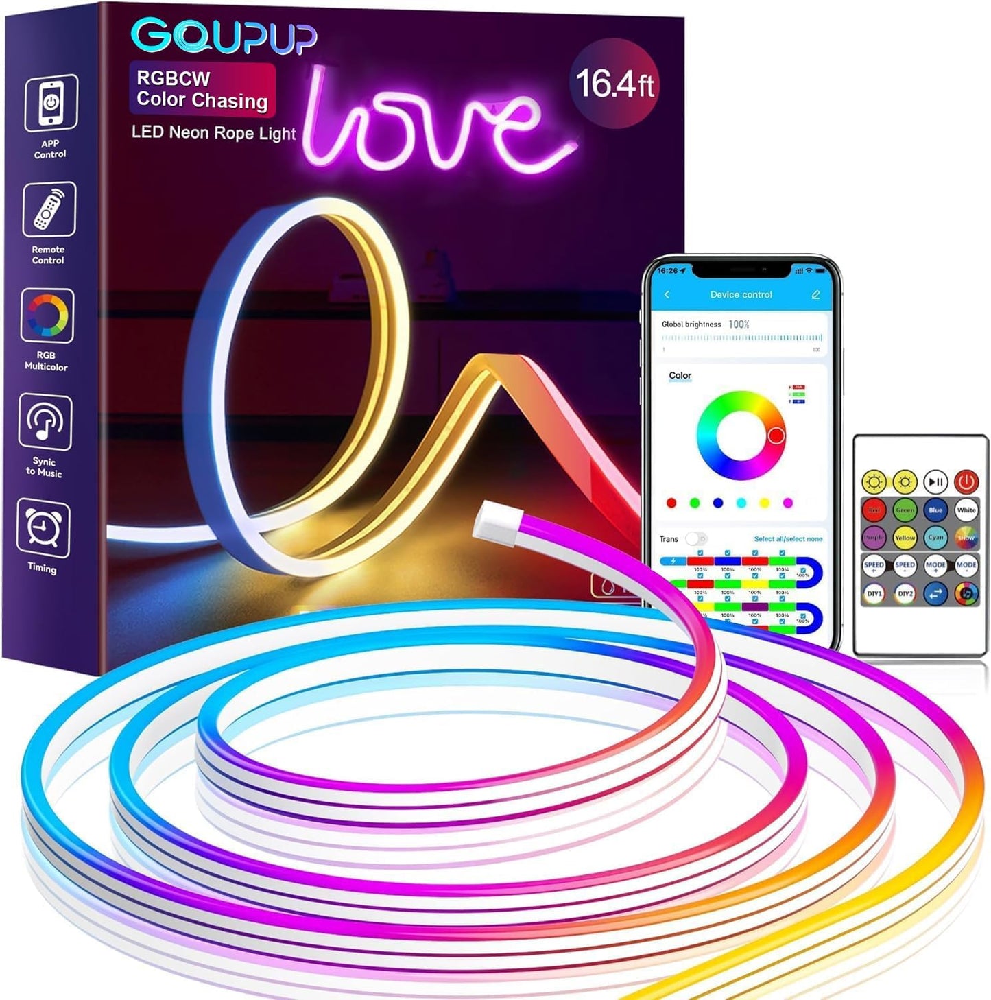 GUPUP 16.4Ft Neon Rope Lights, RGB+IC Color Chasing, Bluetooth, Waterproof, Music Sync, Multicolor RGBCW, Model WFDS2022929