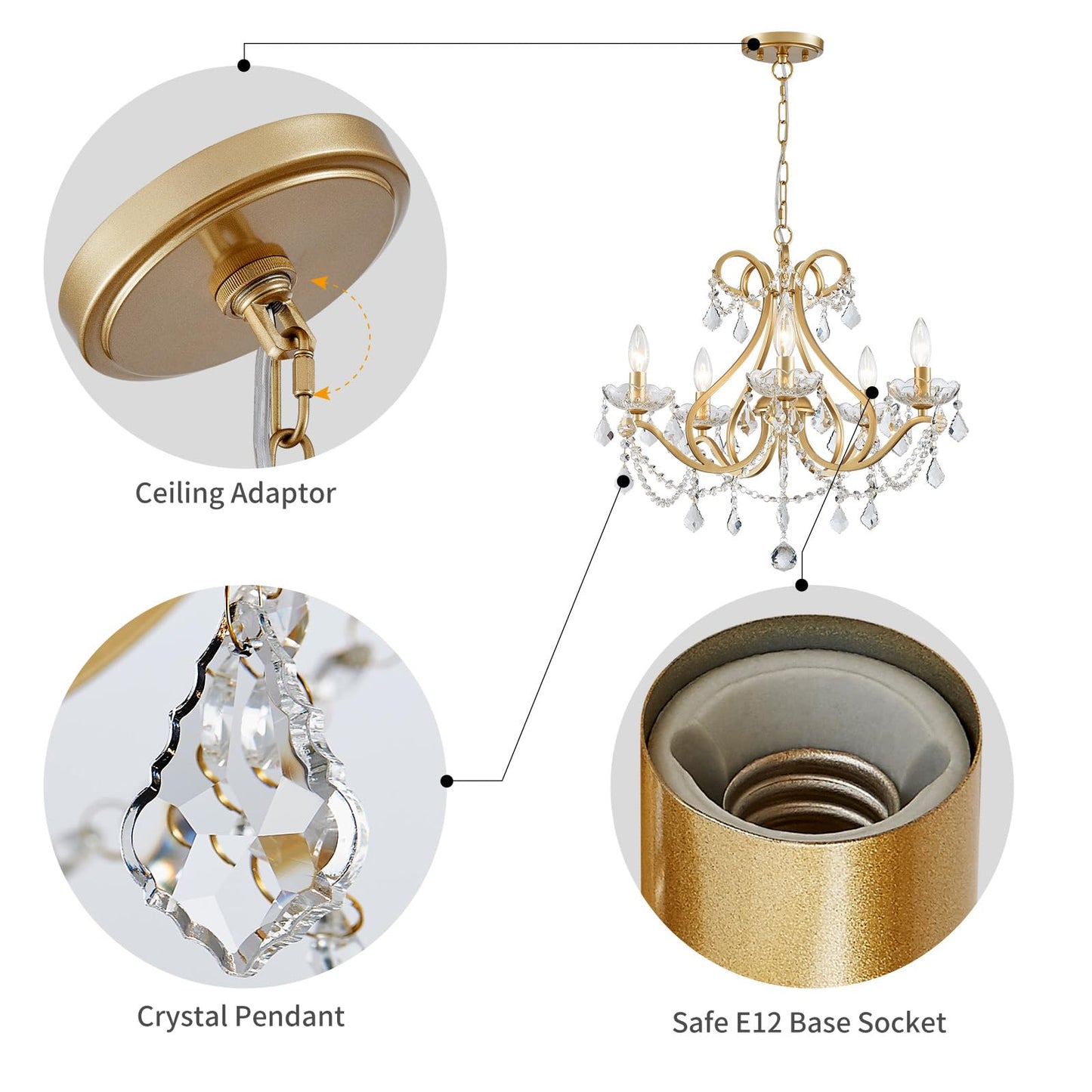 Wuzups Crystal 5-Light Candle Chandelier Pendant Flushmount Ceiling Light Modern Lighting Fixture For Bedroom Hallway Bar Kitchen Bathroom  H 20.9 X W 21.7  Gold  E12 Base