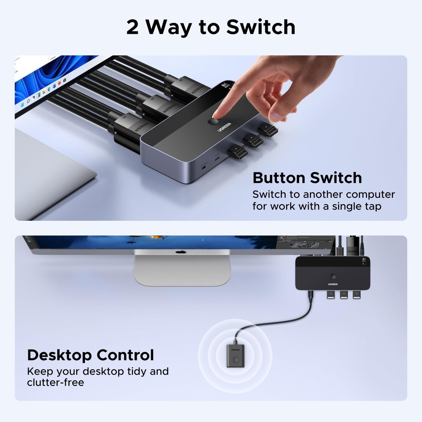 UGREEN 8K@60Hz Displayport KVM Switch 2 Monitors 2 Computers, Aluminum with 4 USB 3.0 Ports for 2 Computers Share Dual Monitors Keyboard Mouse Printer with 2 USB Cables/Power Adapter/Controller