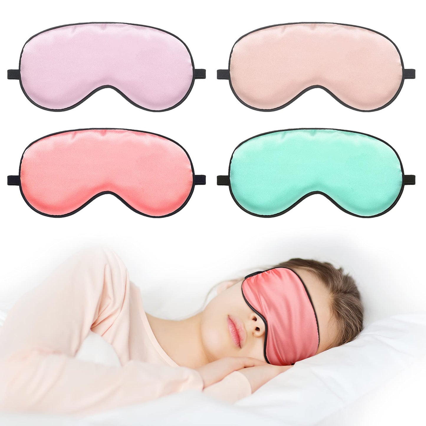 Sintege 4 Pcs Silk Eye Mask for Sleeping Kids Soft Eye Cover with Adjustable Strap Blindfold for Kids Boys Girls Christmas Travel Gift Nap Shade Blocking Light(Green, Pink, Violet, Red)