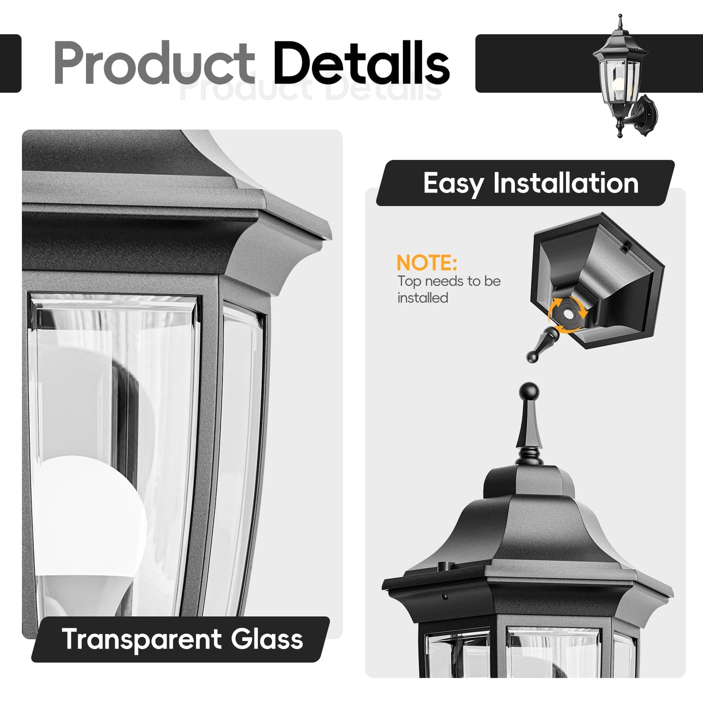 Emart Dusk To Dawn Outdoor Porch Light  Exterior Anti-Corrosion  Waterproof Aluminum & Glass Shades Wall Lamp Fixture  Modern Sconce Lantern For Yard  House  Garage - 1 Pack  Black (Bulb Included)