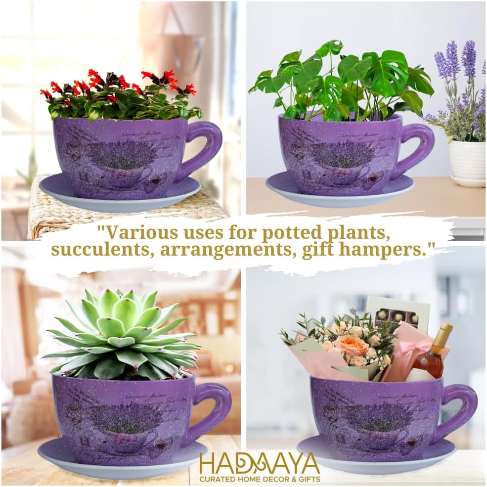 7.5” Round Ceramic Teacup Planter with Saucer – Purple Lavender Basket Design Pot for Succulents, Orchid, Herbs & Indoor/Outdoor Flowers for Birthday & Any Other Occasion