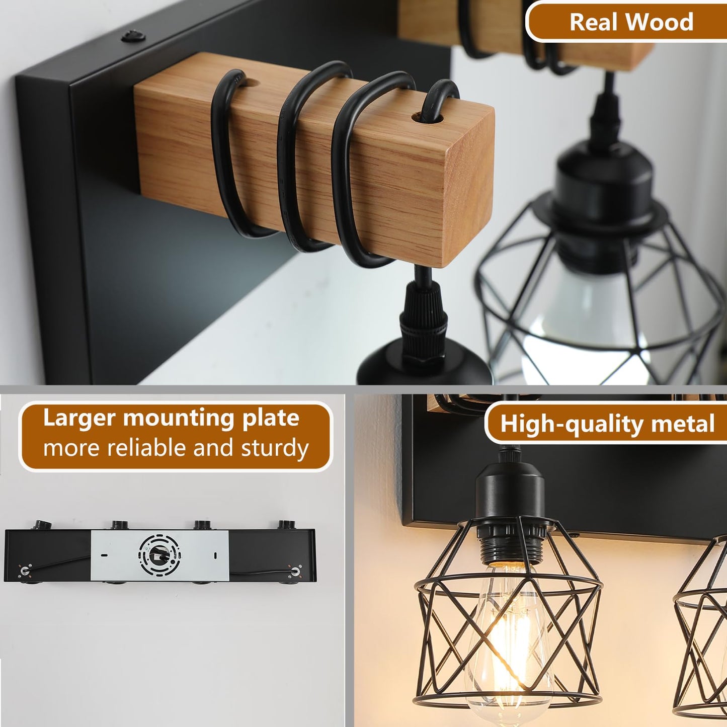 Farmhouse Vanity Light Fixture 3-Light Bathroom Lighting Black Industrial Wood Wall Light Over Mirror With Metal Shade Bulbs Not Included