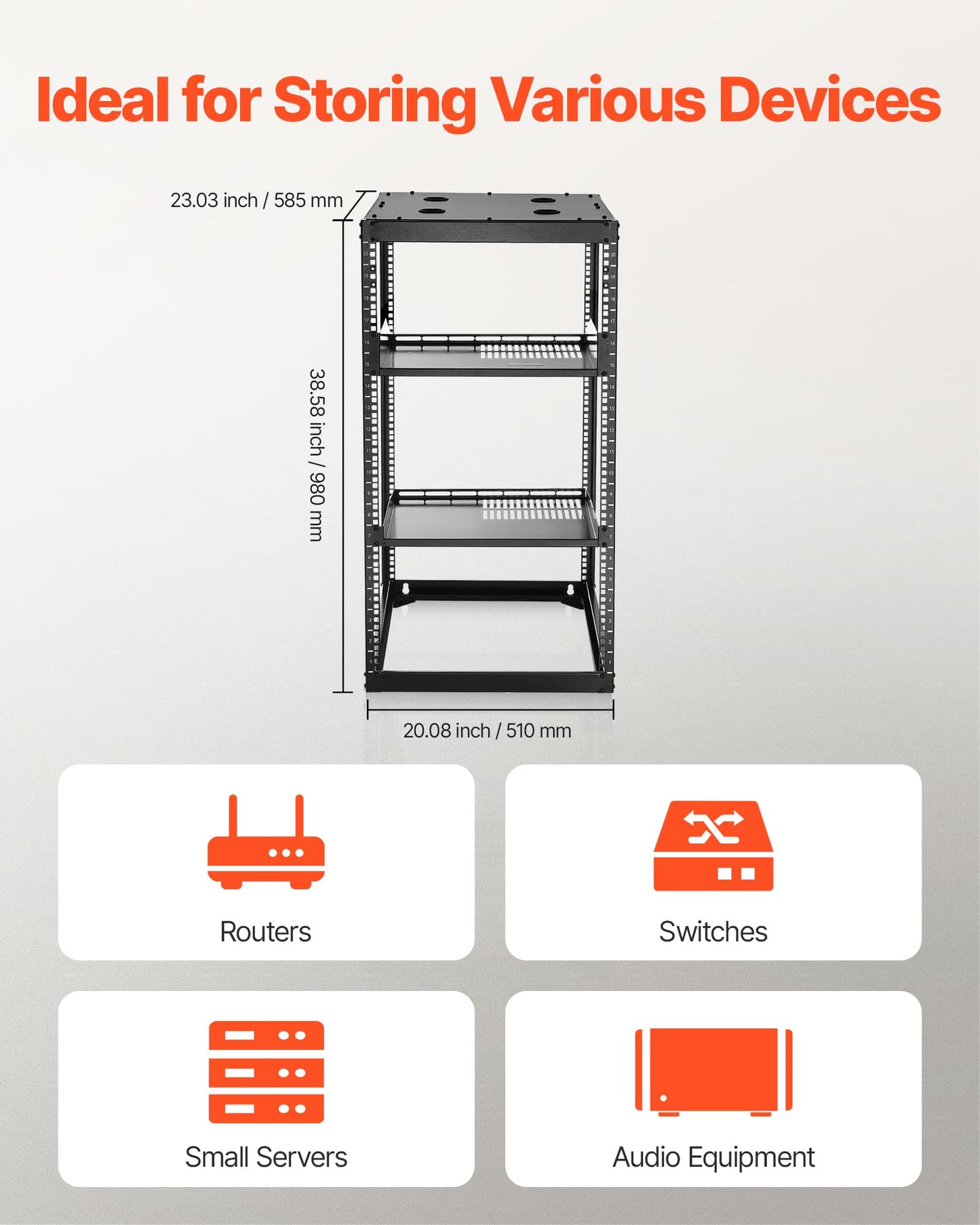 Vevor 20U Server Rack, Open Frame Network Rack,4-Post Floor Standing Or Wall Mounted, Includes 2Pcs Vented 1U Rack Shelves & Mou