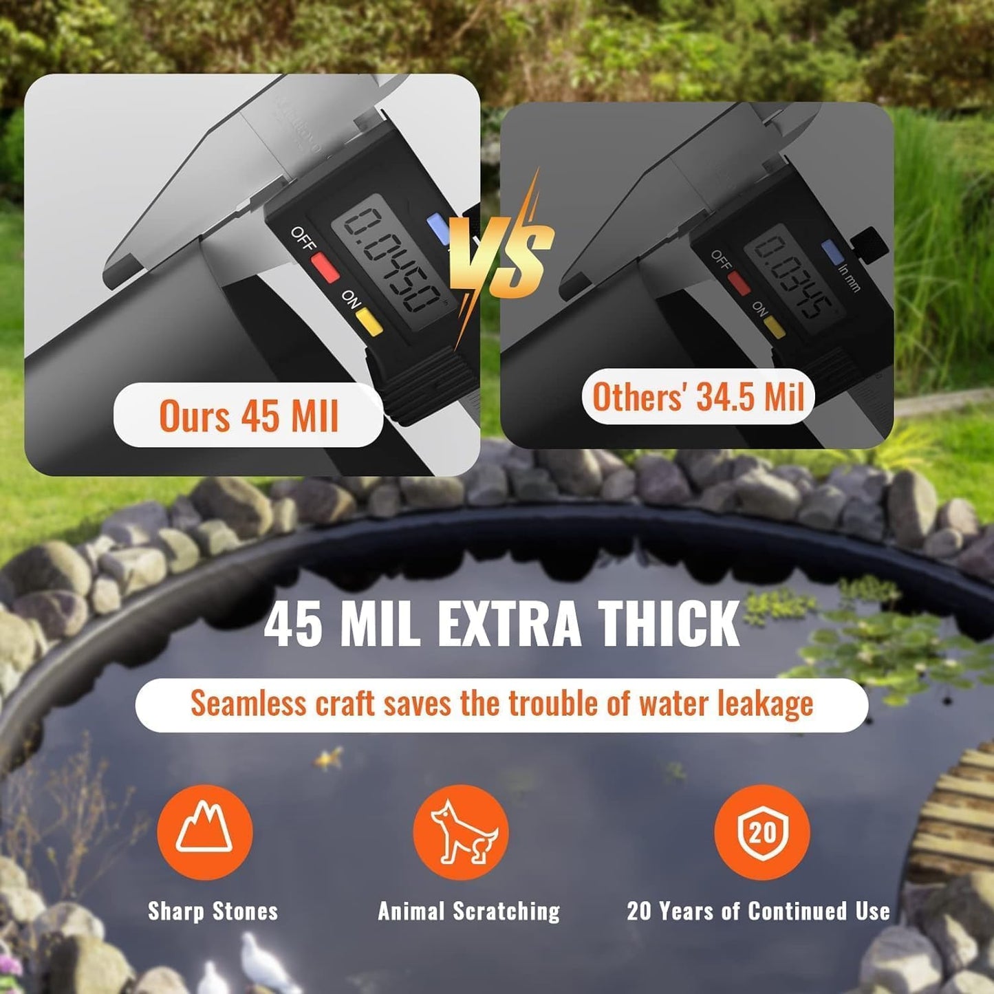 10x10 Ft Pond Liner, 45 Mil Thickness, Pliable & Durable Epdm Material, Easy Cutting & Uv Resistant, for Fish or Koi, Features, Waterfall Base, Fountains and Water Gardens