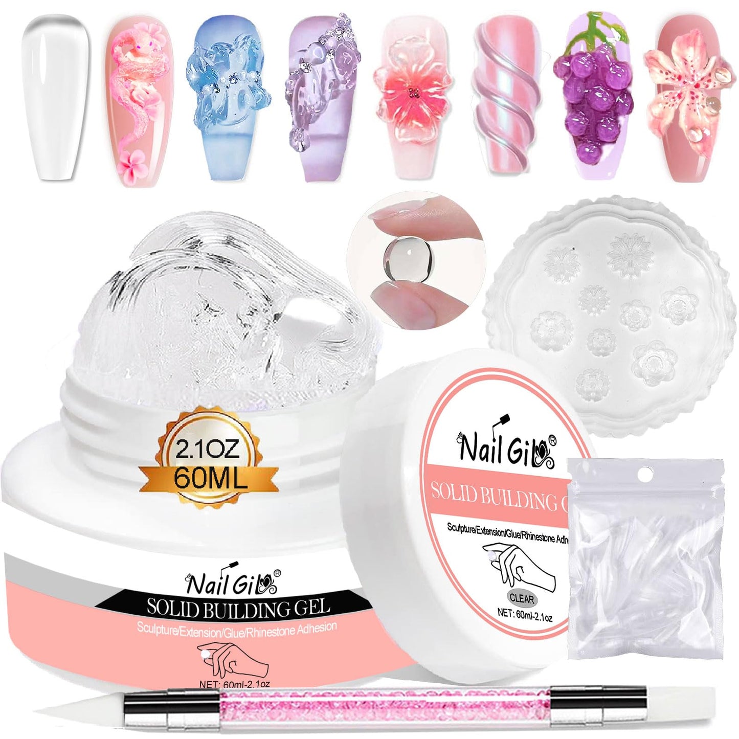 NAILGIL Solid Builder Gel For Nails, 3D Nail Art Sculpture Non-Sticky Hand Clear Extension Gel Sock Off UV LED with 3D Silicone