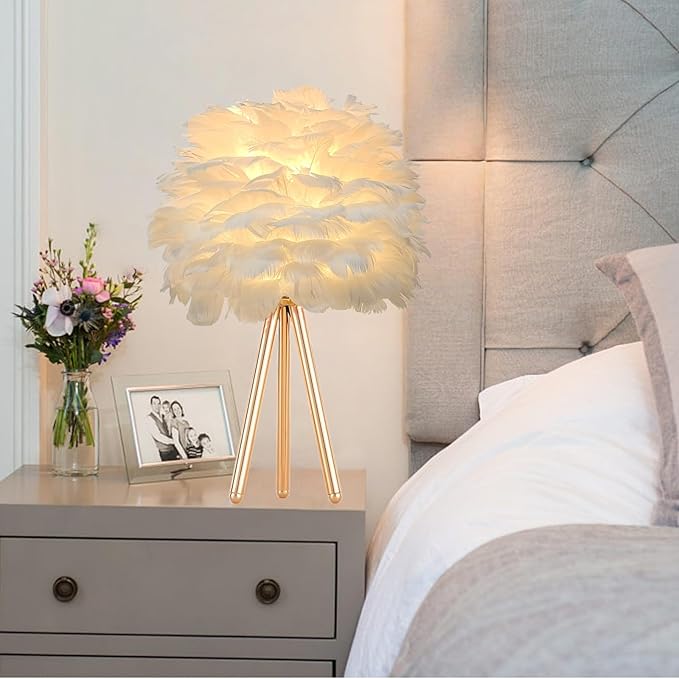 ZYLEIESENBAO White Feather Lamp Furry Table Lamp H16'' Modern Princess Feather Desk Lamp Tripod Fluffy Bedside Nightstand Light for Bedroom Wedding Atmosphere Girl Gift Living Room Retaurant Entryway