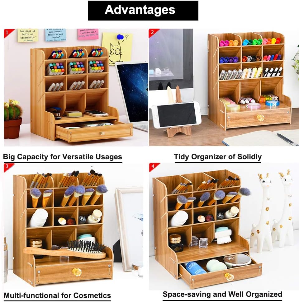 Marbrasse Wooden Desk Organizer, Multi-Functional DIY Pen Holder, Organizer for desk, Desktop Stationary, Easy Assembly, Home Office Art Supplies Storage with Drawer (B11-Cherry Color)