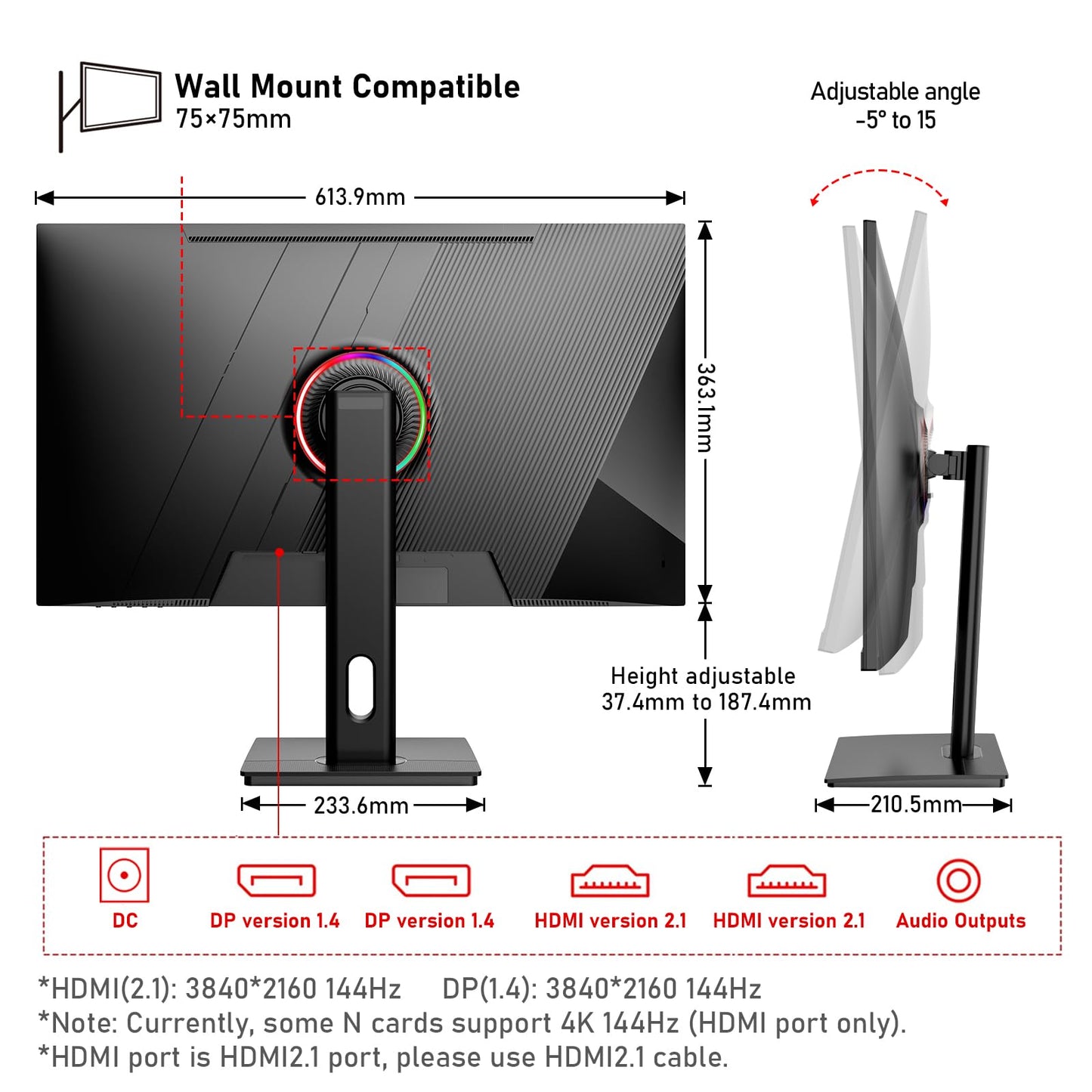 Gawfolk 27 inch IPS PC Screen, 4K Gaming Monitor 144Hz, 1ms, FreeSync, 128% sRGB, 178° Wide Viewing Angle, HDMI 2.1, DisplayPort,Height-Adjustable and Swivel,75 * 75MM Wall Mount Compatible - Black