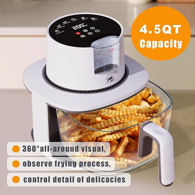 X&E 6-in-1 Glass Air Fryer,4.5QT Large Capacity, Up to 400°F High Heat,Food-Grade Borosilicate Glass,Easy-Clean Nonstick Basket, Smart Timer & Presets,Healthier, Less Oil Cooking