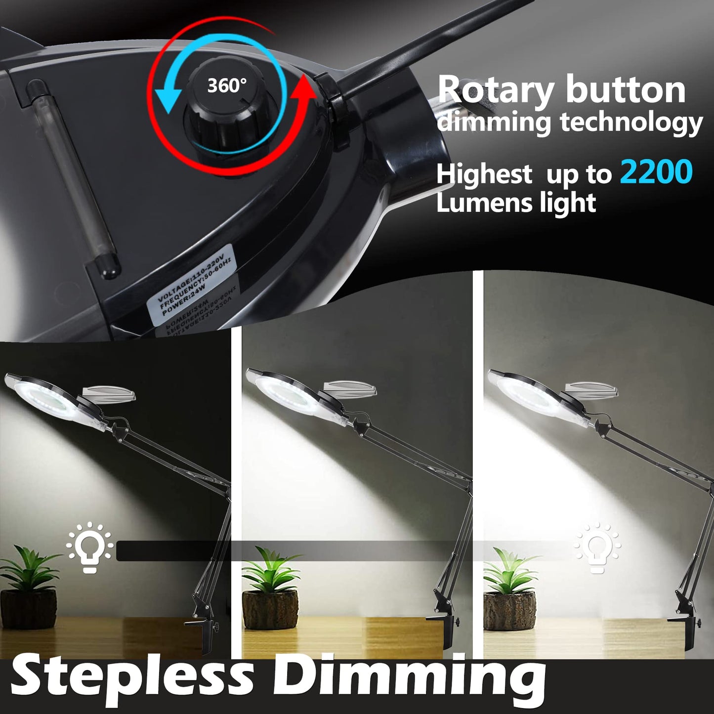 ADDIE KIRKAS 10X LED Magnifying Lamp with Clamp, 2200 Lumens Dimmable, Adjustable Arm, Aluminum, Black