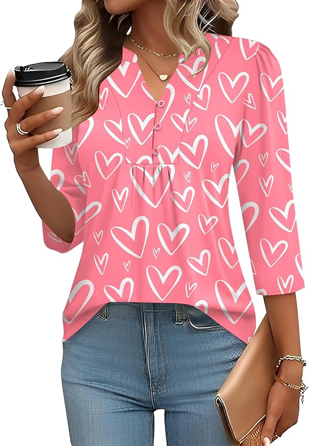 IECCP 3/4 Length Sleeve Womens Tops Dressy Casual Henley V-Neck Summer Tops Pleated T-Shirts Loose Fit Work Blouses
