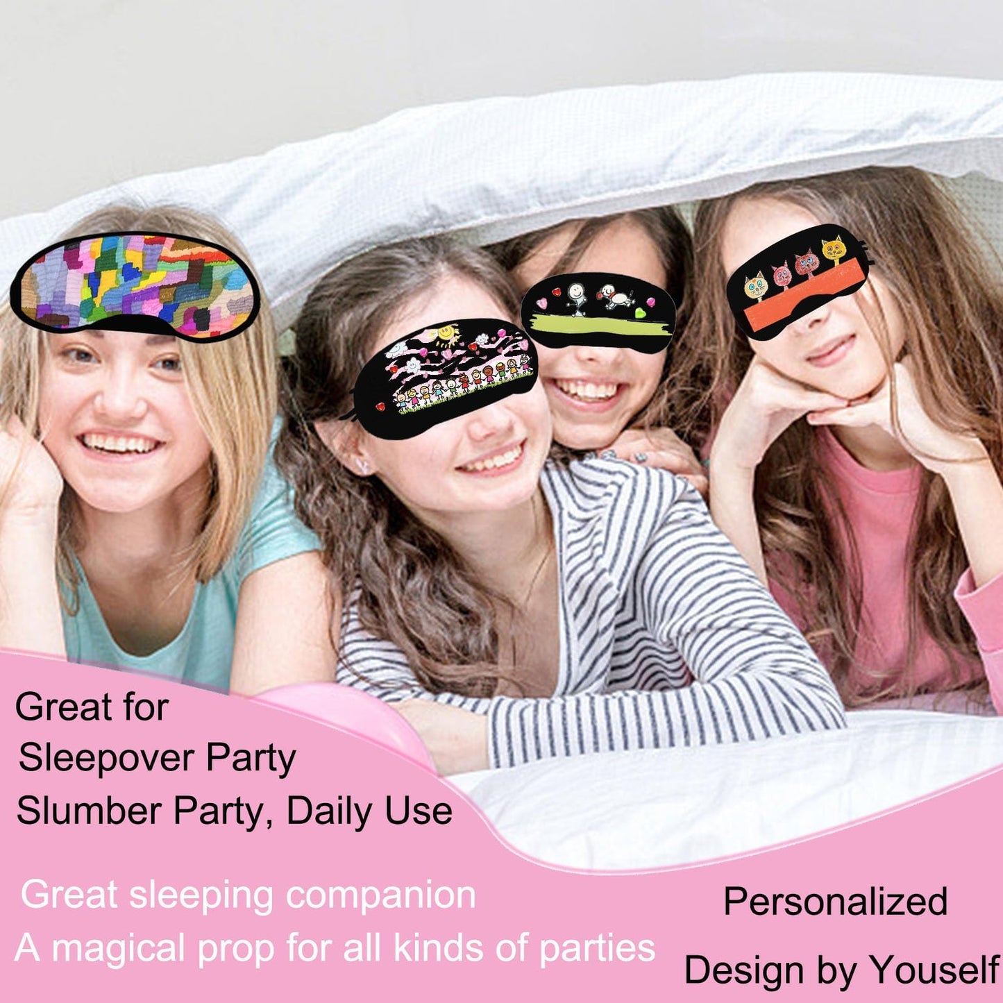 22 PCS Sleepover Party Supplies, 12 PCS Sleep Eye Masks Blindfold Slumber Eye Covering with 2 Sheets Self-Adhesive Heart Rhinestones Gems&8 PCS Fabric Marker Pens, Black