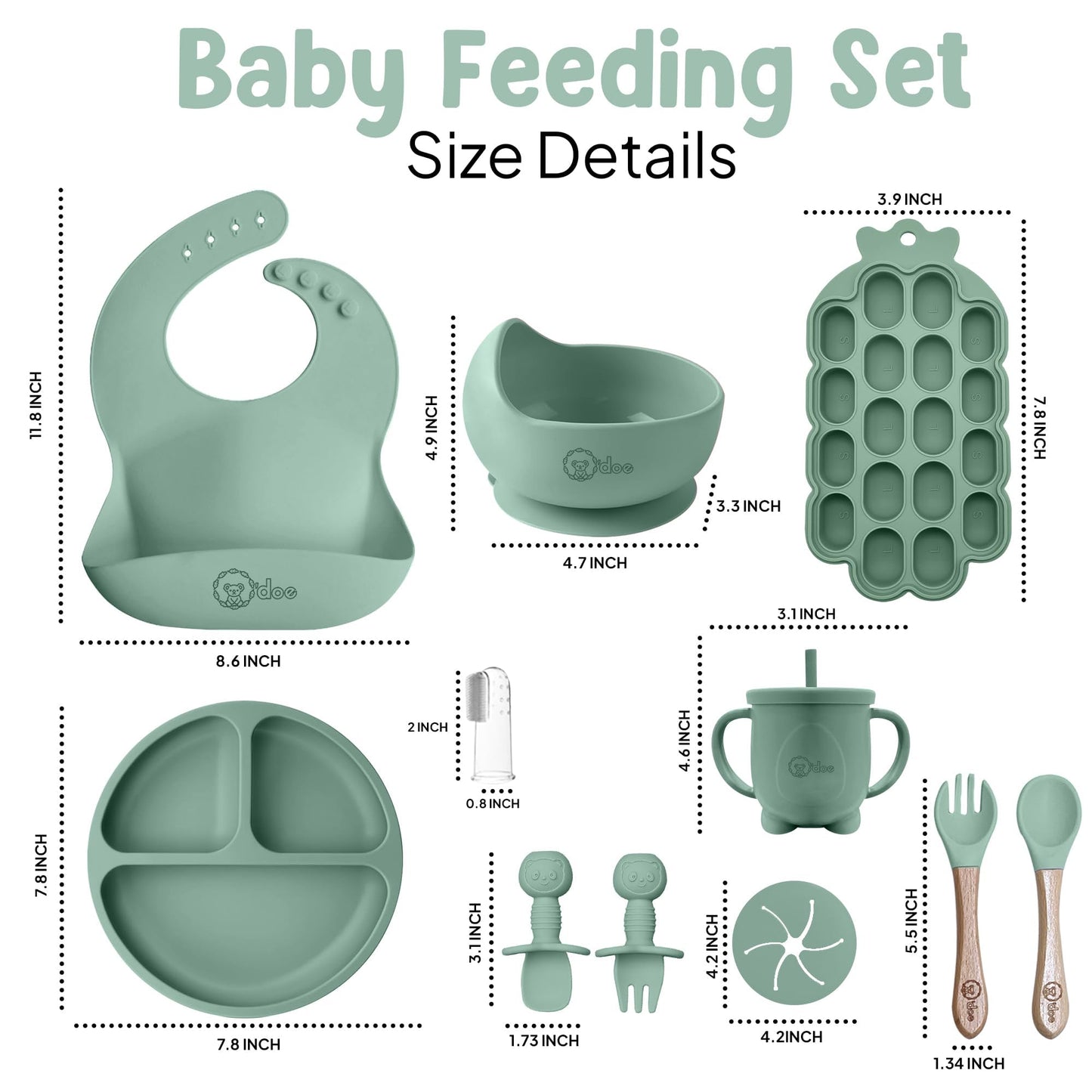 O'doe Baby Weaning Set – 15 Pcs Silicone Baby Feeding Set with Suction Plate, Bowl, Bib, Sippy Cup, Fruit Feeder, Freezer Tray