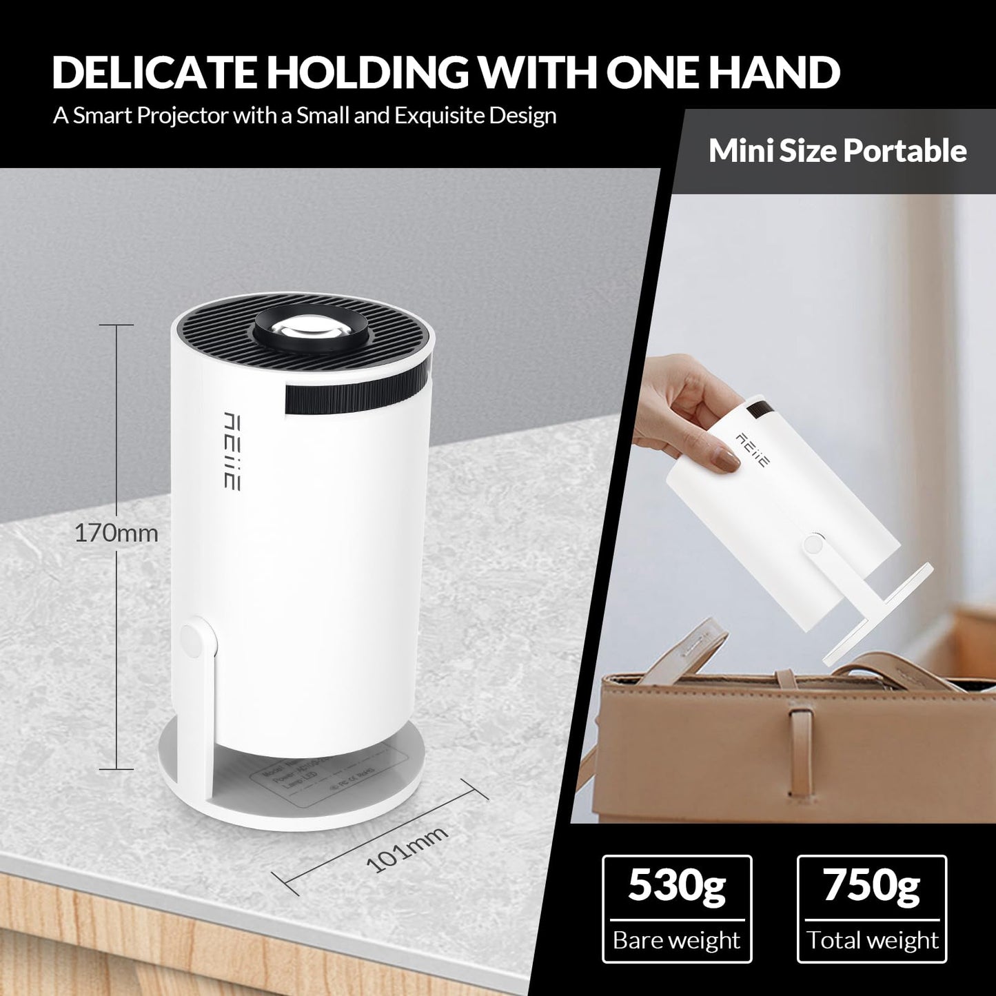 Reiie Mini Projector, 1080P Wifi Bluetooth, Portable Outdoor Movie Projector For Camping, Home Theater Support 130 Display