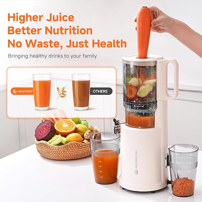 Slow Cold Press Juicer Machine: Electric Masticating Juicer Extractor Easy Clean - 5.4" Extra Large Feed Chute Fit Whole Fruits & Vegetables - Cold Pressed Slow Blender Juicer