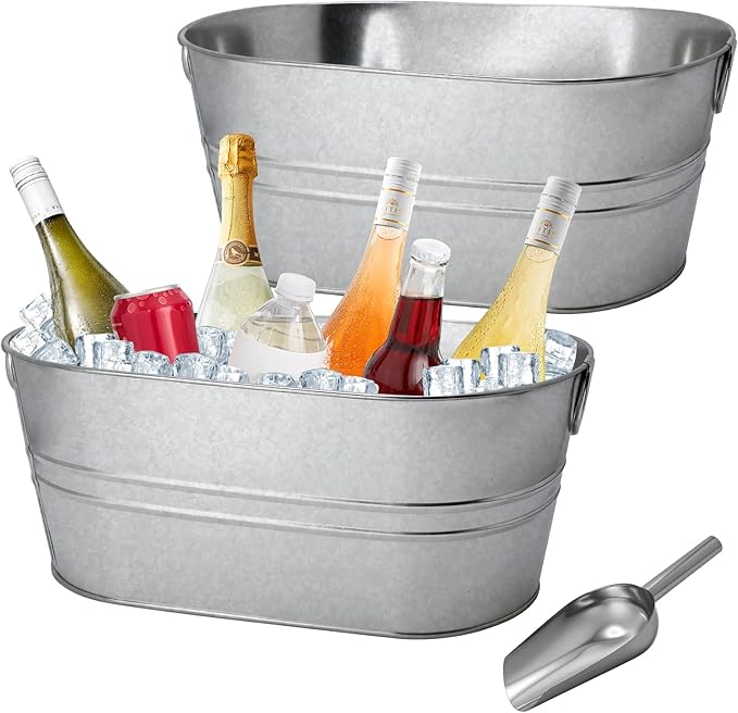 2 Pack 4 Gallon Galvanized Tub Ice Buckets for Parties Portable Beverage Tub with Handles Champagne Bucket Metal Ice Bucke...