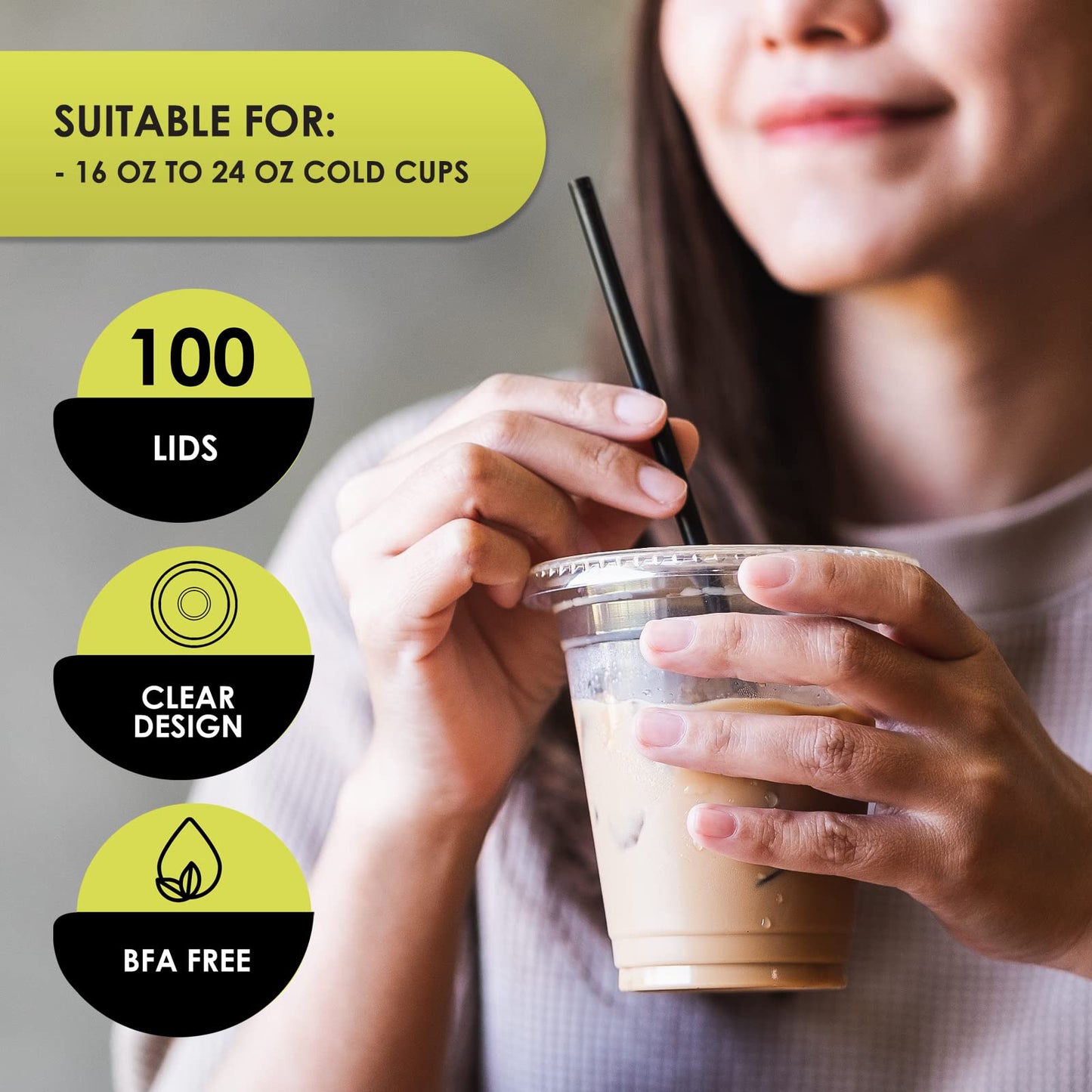 PAMI Clear Plastic Flat Lids with Straw Slot for 16 Oz Cups [Pack of 100] Fits 16, 20, 24 Oz Cups Disposable Leakproof Bpa- Pet Lids