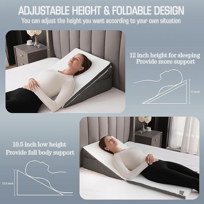 Bed Wedge Pillow for Sleeping, 10-in-1 Adjustable Memory Foam Wedge Pillow for Acid Reflux, 2-in-1 Incline Wedge Pillows for After Surgery, Snoring, Back Pain Pillow Wedge