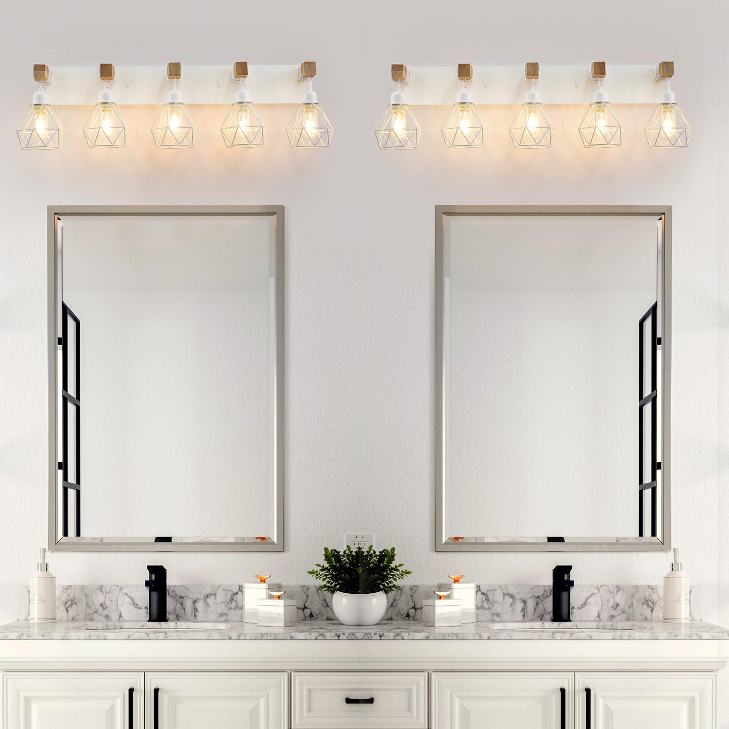 White Bathroom Vanity Light Fixtures, 5-Light Wood Bathroom Light Fixtures Over Mirror, Rustic Sconces Wall Lighting with Elegant Metal Lampshade for Living Room, Bedroom, Hallway
