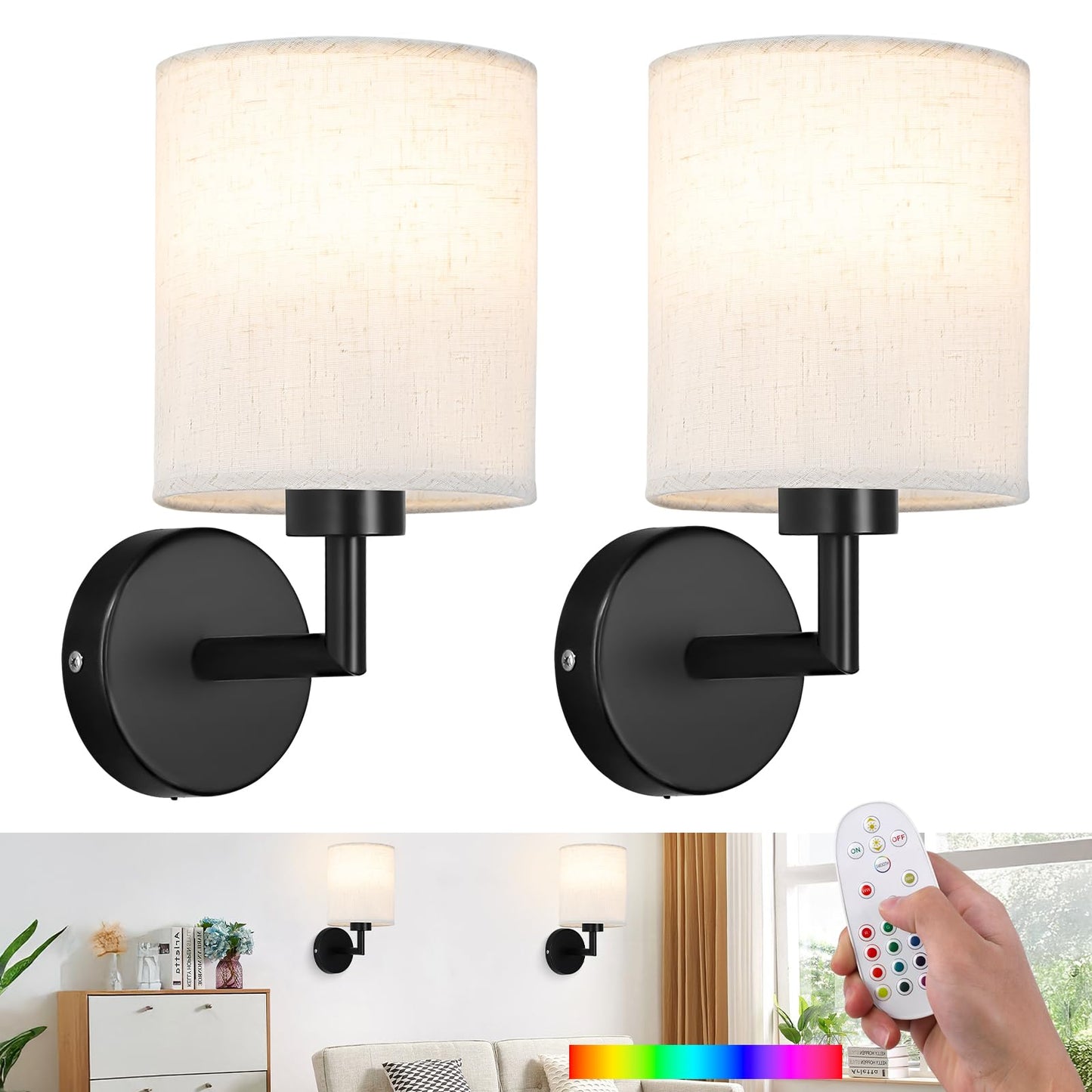 XIGUCUCN Rechargeable Wall Sconce Set of 2, Battery Operated, LED Bulb, 15 Colours Dimmable, Black, Model XG-WL03BK