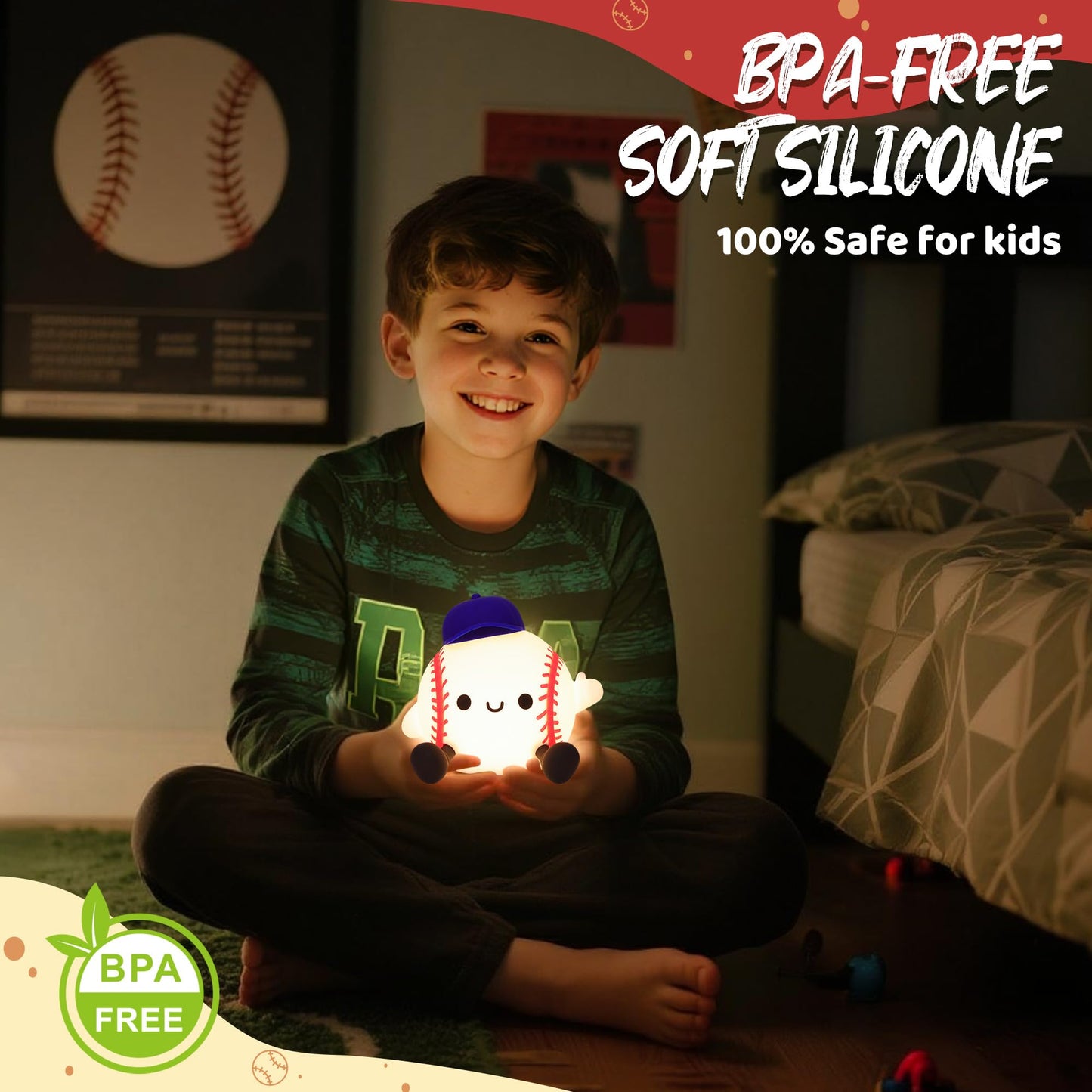 Attivilife Baseball Night Light  Baseball Gifts For Boys  Soft Silicone Nursery Bedroom Bedside Decor Dimmable Rechargeable Led Touch Lamp  Baby Kid Teen Sport Lover Athlete Birthday Christmas Gifts