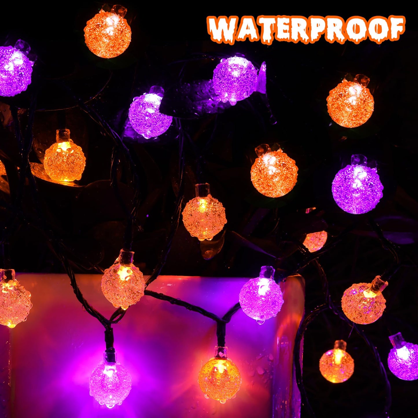 Joomer Solar String Lights - 100LED 72FT Waterproof Crystal Globe Lights, Orange Purple, 8 Modes for Outdoor Patio Halloween Decor
