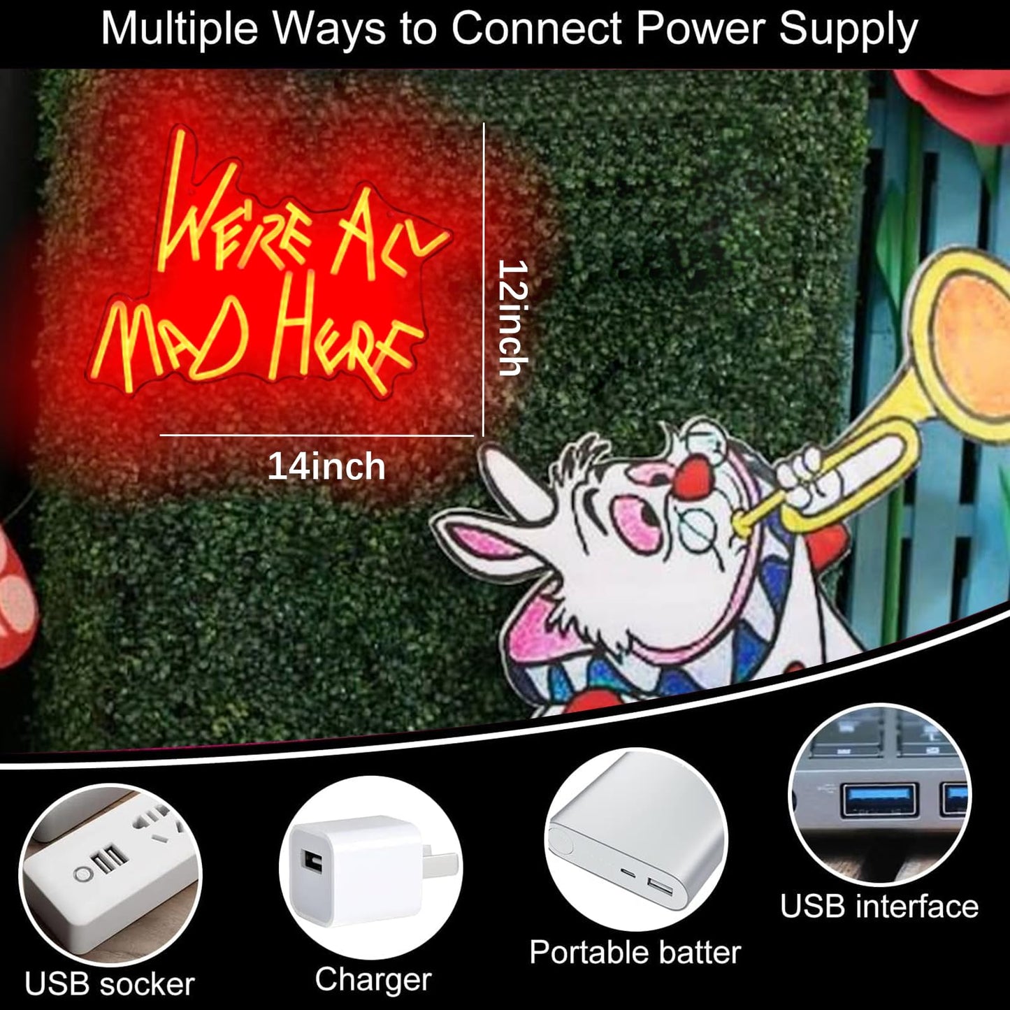 We Re All Mad Here Neon Signs/ 14 * 12 Inch/Alice In Wonderland Party Decor  Mad Hatter Tea Party Neon Lights With Diimer Switch For Bedroom Bar Home Dorm Birthday Gifts