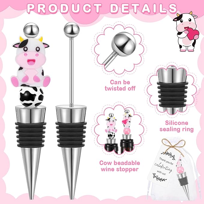 Gisafai 12 Set Cow Beadable Wine Stoppers Thank You Wedding Favors for Guests Decorative Beaded Wine Bottle Stopper with Cow Beads Organza Bag Tag for Wedding Cow Party Favor Baby Shower Gifts