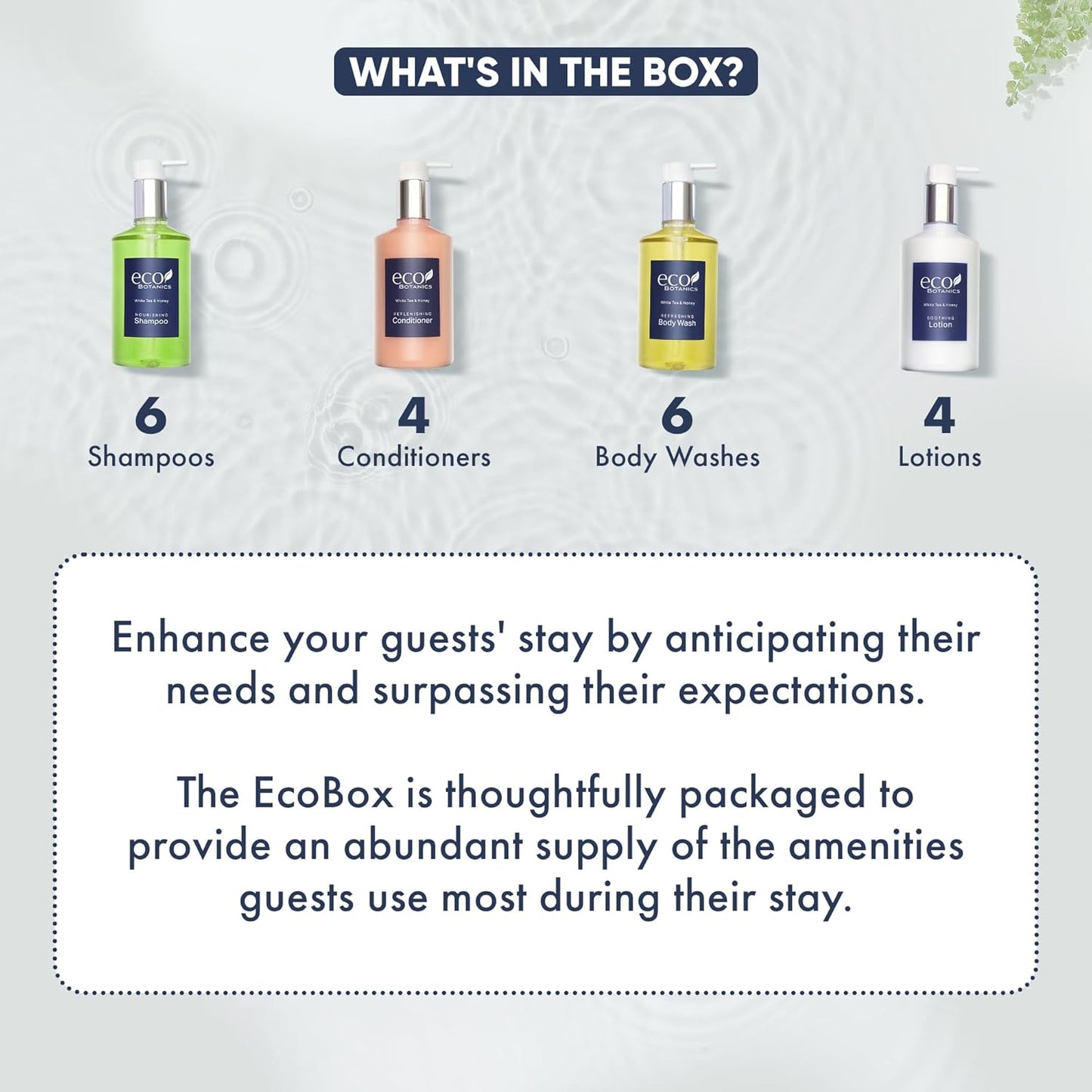 1-Shoppe Eco Botanics 20 Piece Ecobox All-In-Kit | White Tea and Honey Soap | 6 Shampoo, 4 Conditioner, 6 Body Wash & 4 Lotion | 10.14oz Hotel Soaps and Toiletries Bulk | Personal Care Products