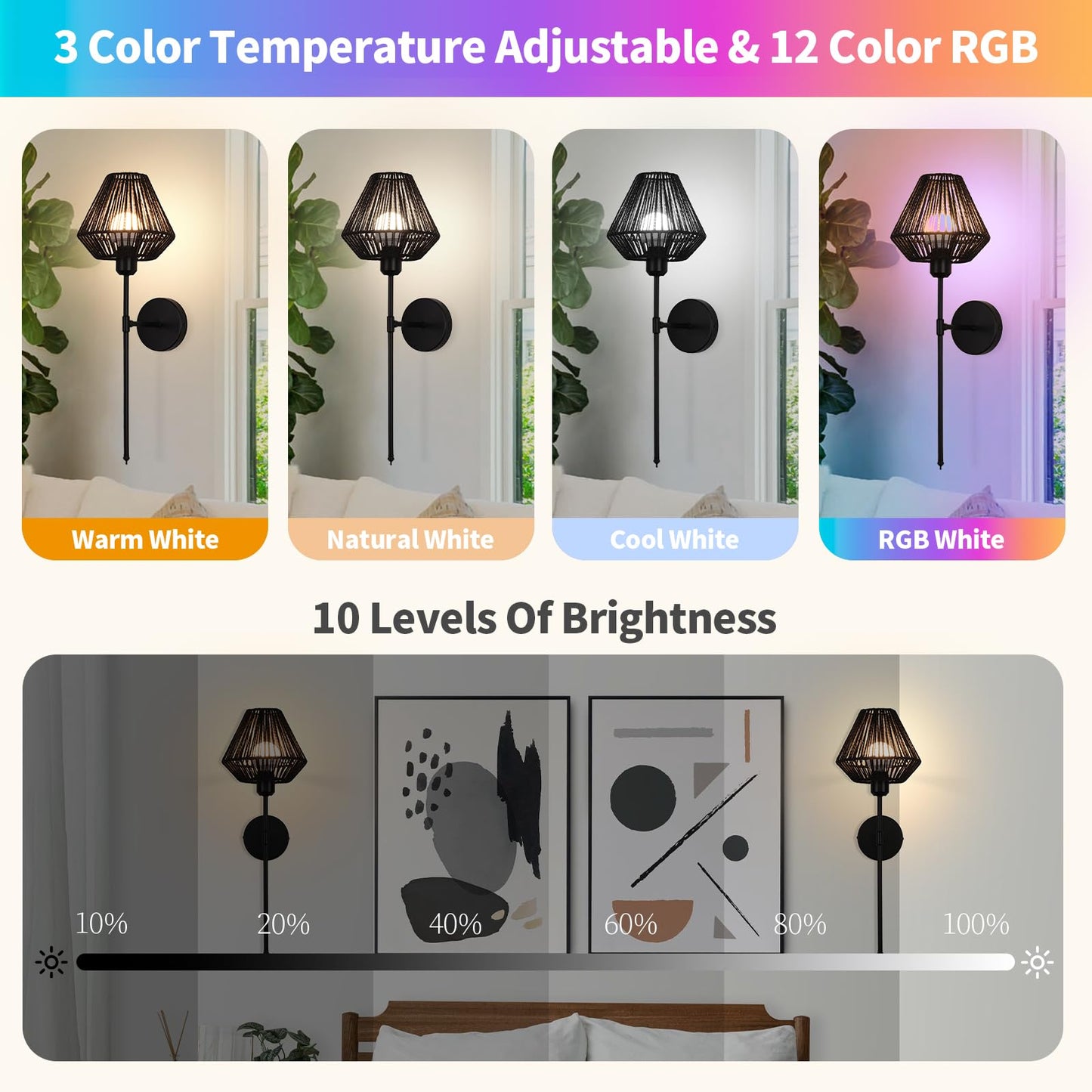 Ovyiech Wall Sconces Set of 2, Dimmable Rattan Rechargeable Light with Remote, 15 Color Changing, Black, Model YH8803H