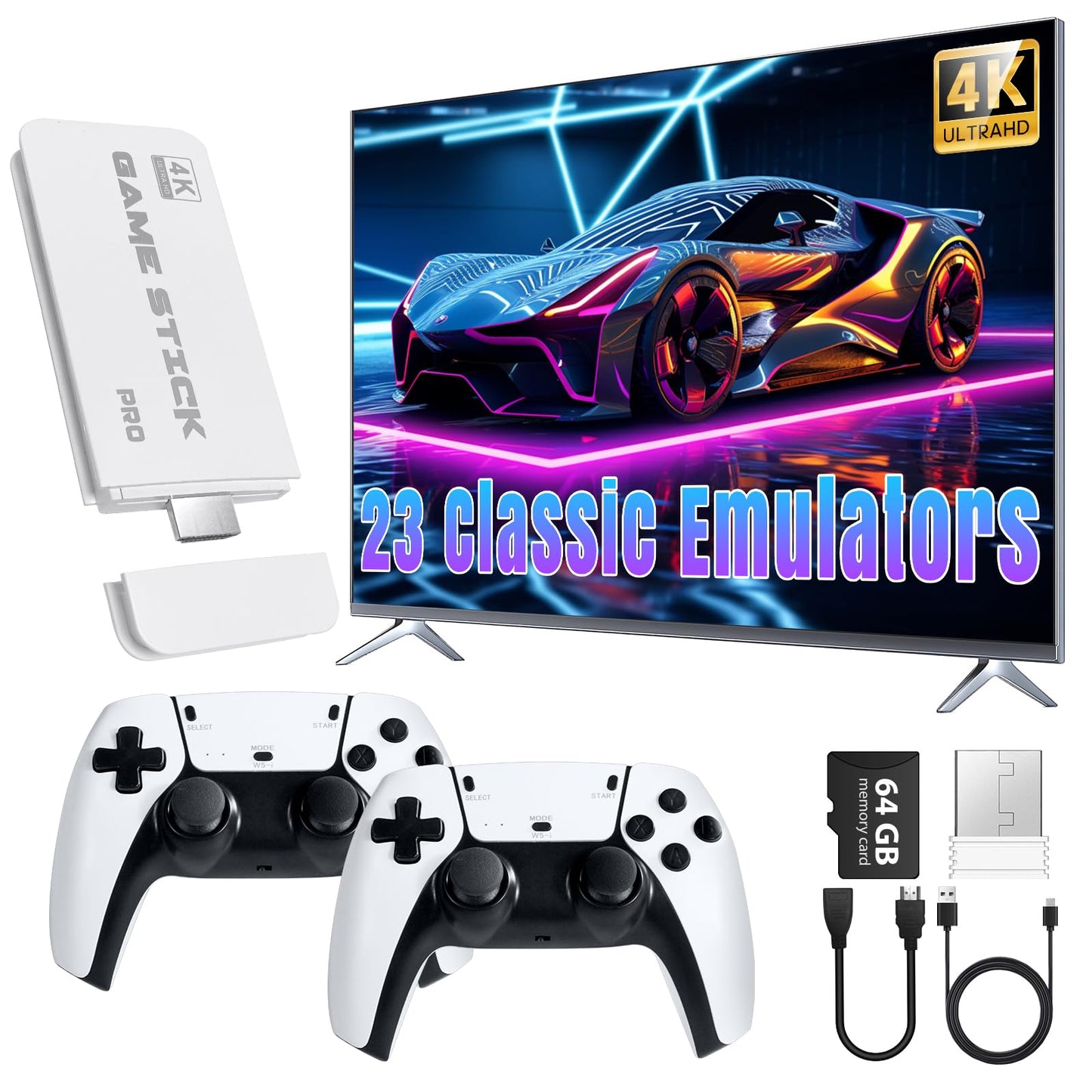 Retro Gaming Stick,Support 23 Emulators,Retro Gaming Console 64GB TF Card,Dual 2.4GHz Wireless Controllers,Game Stick 4K HDMI Plug and Play Video Games for TV