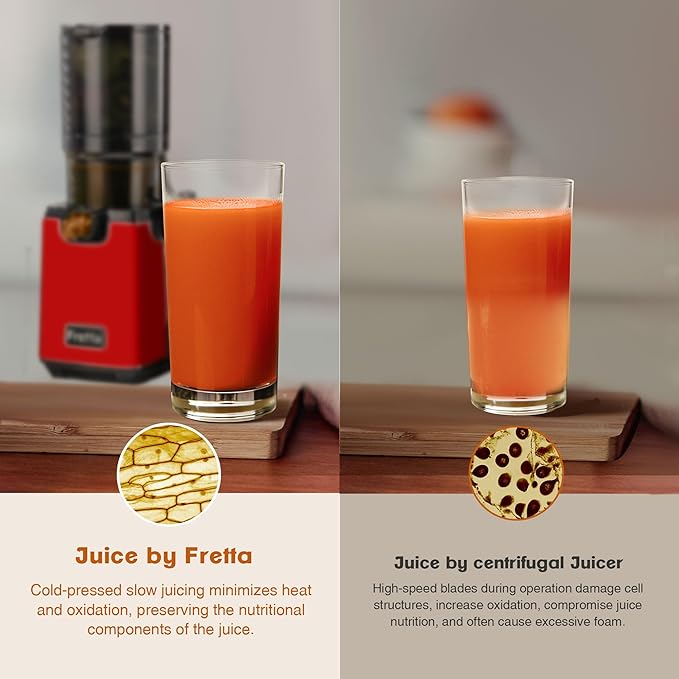 Fretta Cold Press Juicer, Juicer Machines Vegetable and Fruits,Masticating Juicer with 5.3'' Large Feed Chute fit Whole Fruits,Healthy BPA-free, 250W Powerful, Perfect for Christmas gifts