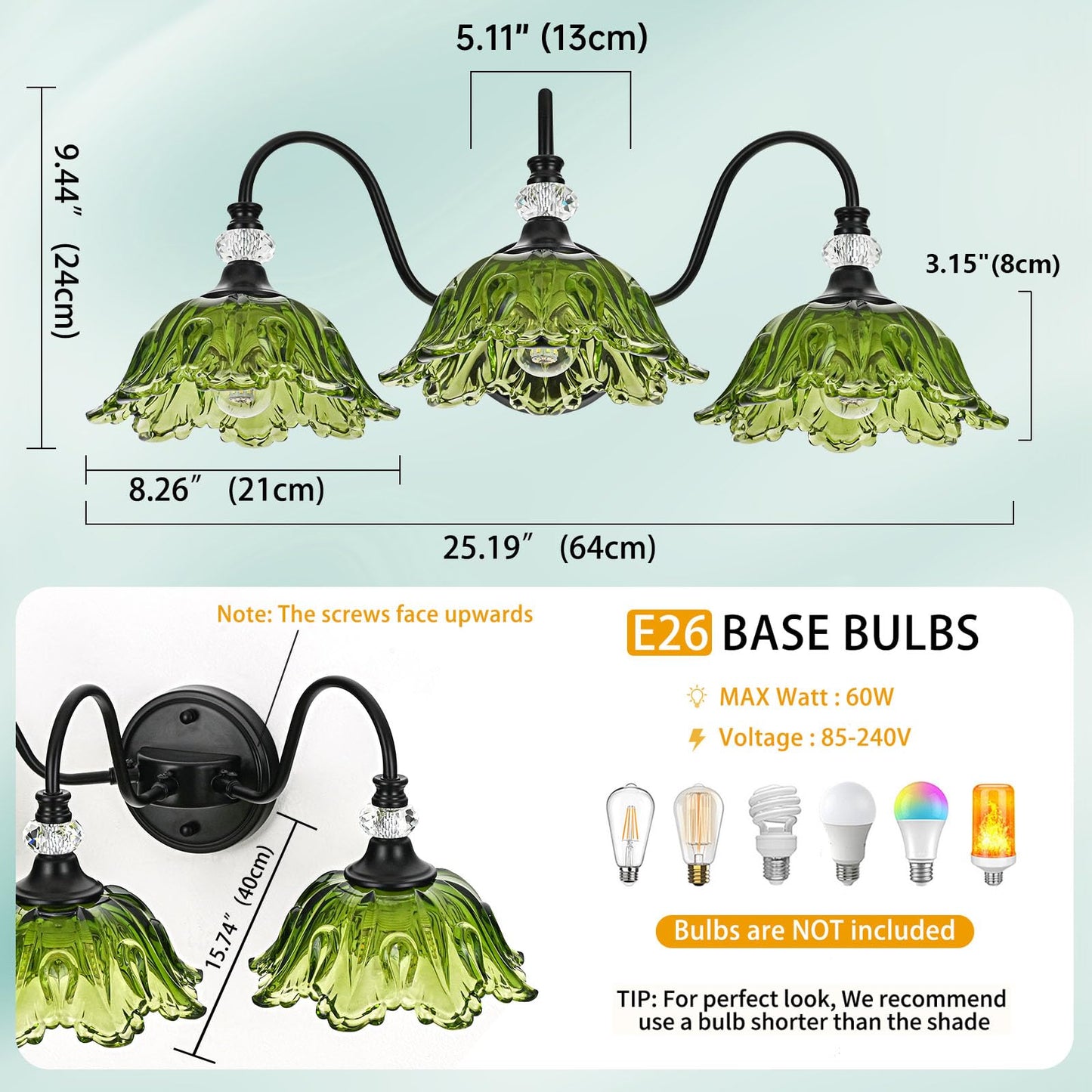 Sunkryster Black Bathroom Vanity Light 3-Light Vanity Light With Floral Green Glass Shades Vintage Farmhouse Wall Mount Lighting For Bathroom  Dressing Table