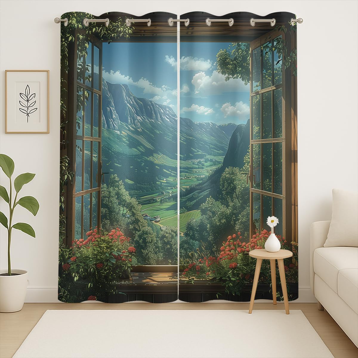 Mountain Blackout Curtains for Girls Boys Teens Home Decor, Spring Sky View Nature Forest Flower Grommet Thermal Insulated Drapes Darkening Window Curtain for Bedroom Living Room, 63 x 63 Inch