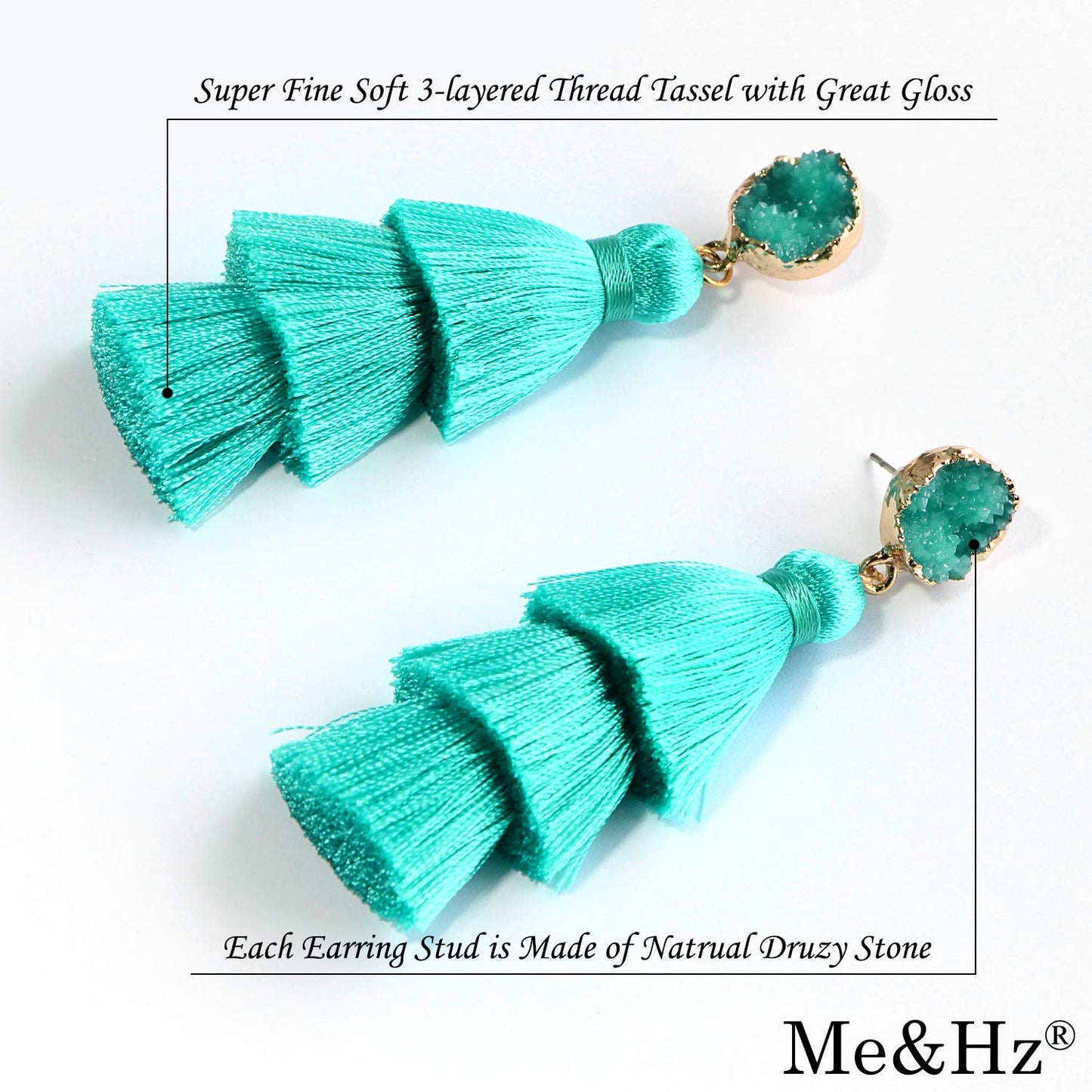 Me&Hz Fashion Layered Tassel Dangle Earrings Statement Lightweight Drop Earrings Hypoallergenic Studs for Women Turquoise Green
