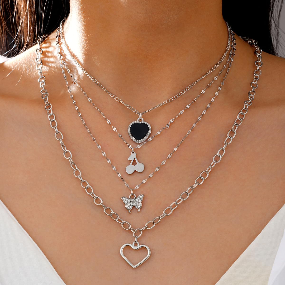 IFNODO 92 PCS Silver Plated Jewelry Set with 8 PCS Necklace, 19 PCS Bracelet, 44 PCS Stud Hoop Earring, 21 Pcs Knuckle Rings for Women Valentine Anniversary Friendship Gift