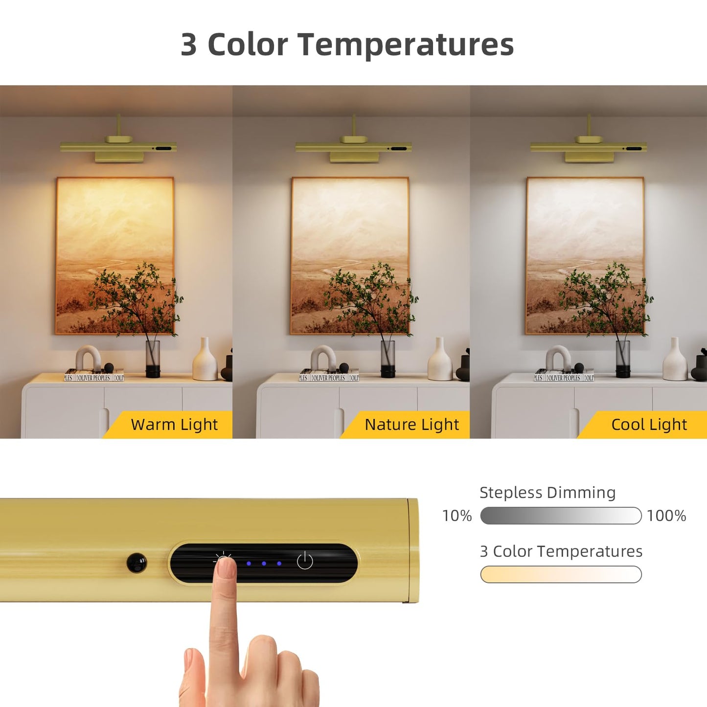 EAYOYAE Wireless Picture Light with Remote Control, 13.8in Gold, Rechargeable, Three Modes, Model PC-100, 2 Set