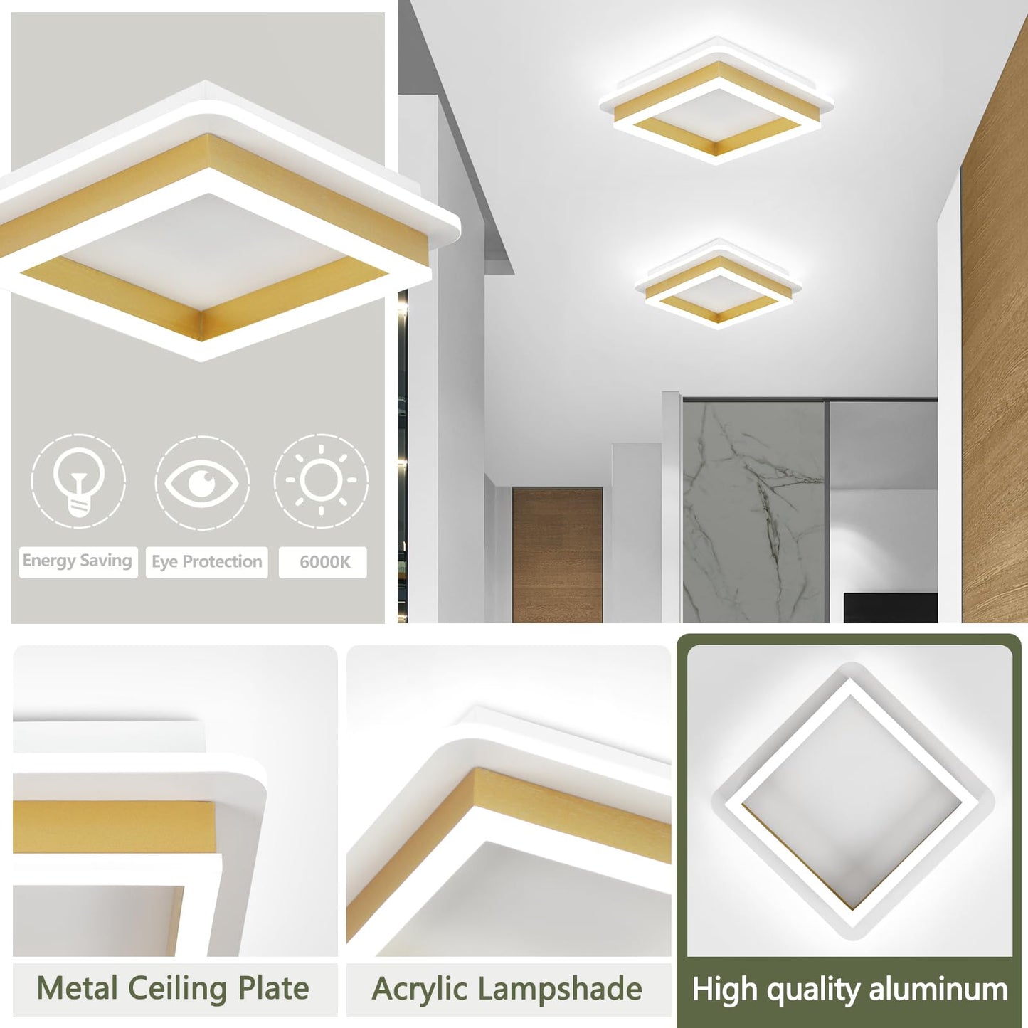 Caneoe 3 Packs Square Flush Mount Ceiling Light  6000K Black Modern Led Ceiling Light Fixture  Minimalist Hallway Lighting Fixture Ceiling Lamp For Hallway Entryway Bedroom Balcony (Gold)