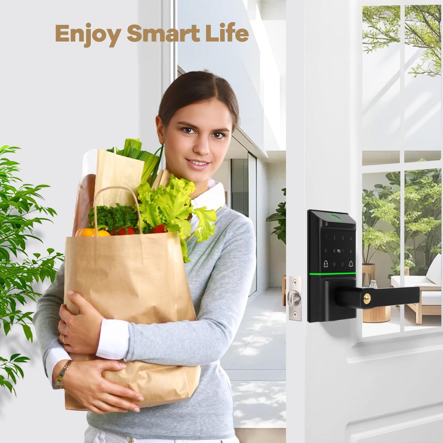 Bamberg Keypad Smart Door Lock with Handle: Keyless Entry Deadbolt - Fingerprint & Keypad Door Lock for Front Door - Key & IC Card Access - Remote Control via APP - Secure Smart Lock